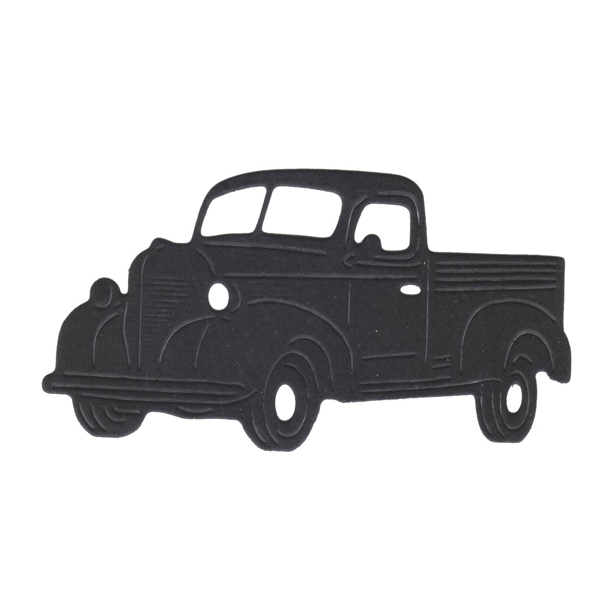Die "Stanzschablone Retro-Truck mit Ladefläche" von Stanzenshop.de zeigt eine schwarze Silhouette eines Oldtimer-LKWs von vorne/von der Seite, ideal für nostalgische Bastelideen oder Scrapbooking-Projekte.