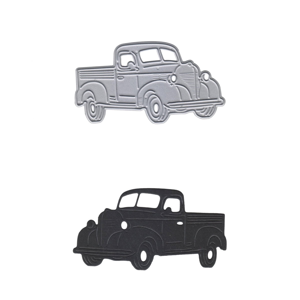 Zwei flache Illustrationen der Stanzschablone Retro-Truck mit Ladefläche von Stanzenshop.de, dargestellt in Silber und Schwarz auf weißem Hintergrund - ideal für Scrapbooking oder nostalgische Bastelideen.