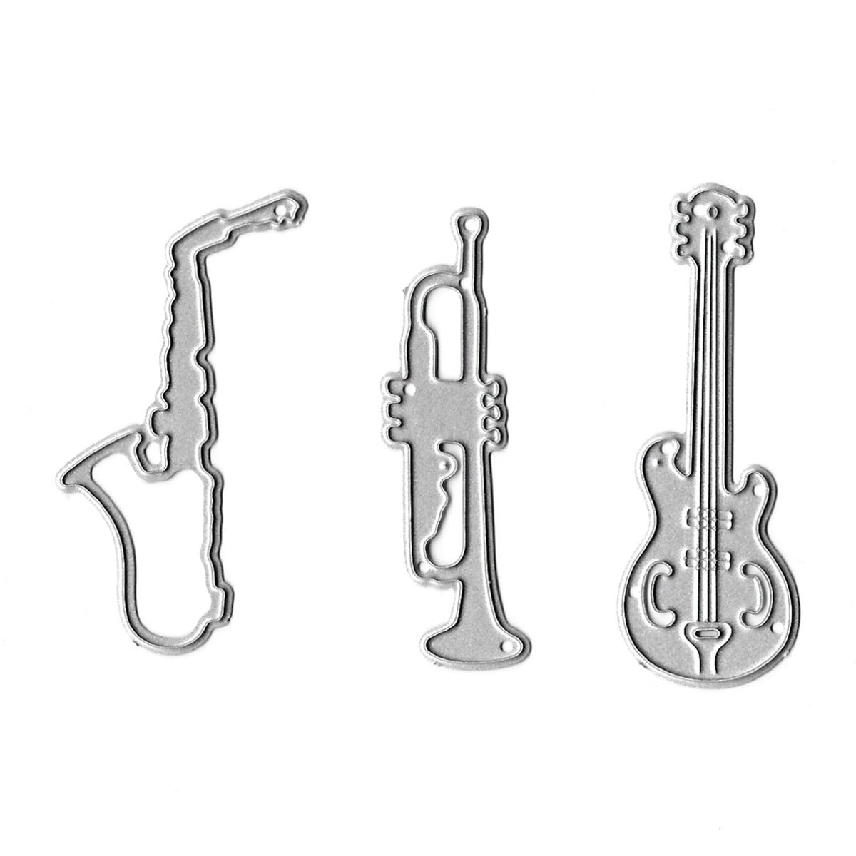 Das Stanzschablone Musik-Instrumente Set von Stanzenshop.de enthält drei silberne Metallstempel - ein Saxophon, eine Trompete und eine Gitarre - und setzt damit perfekte Akzente für Ihre Bastelprojekte auf jedem weißen Hintergrund.