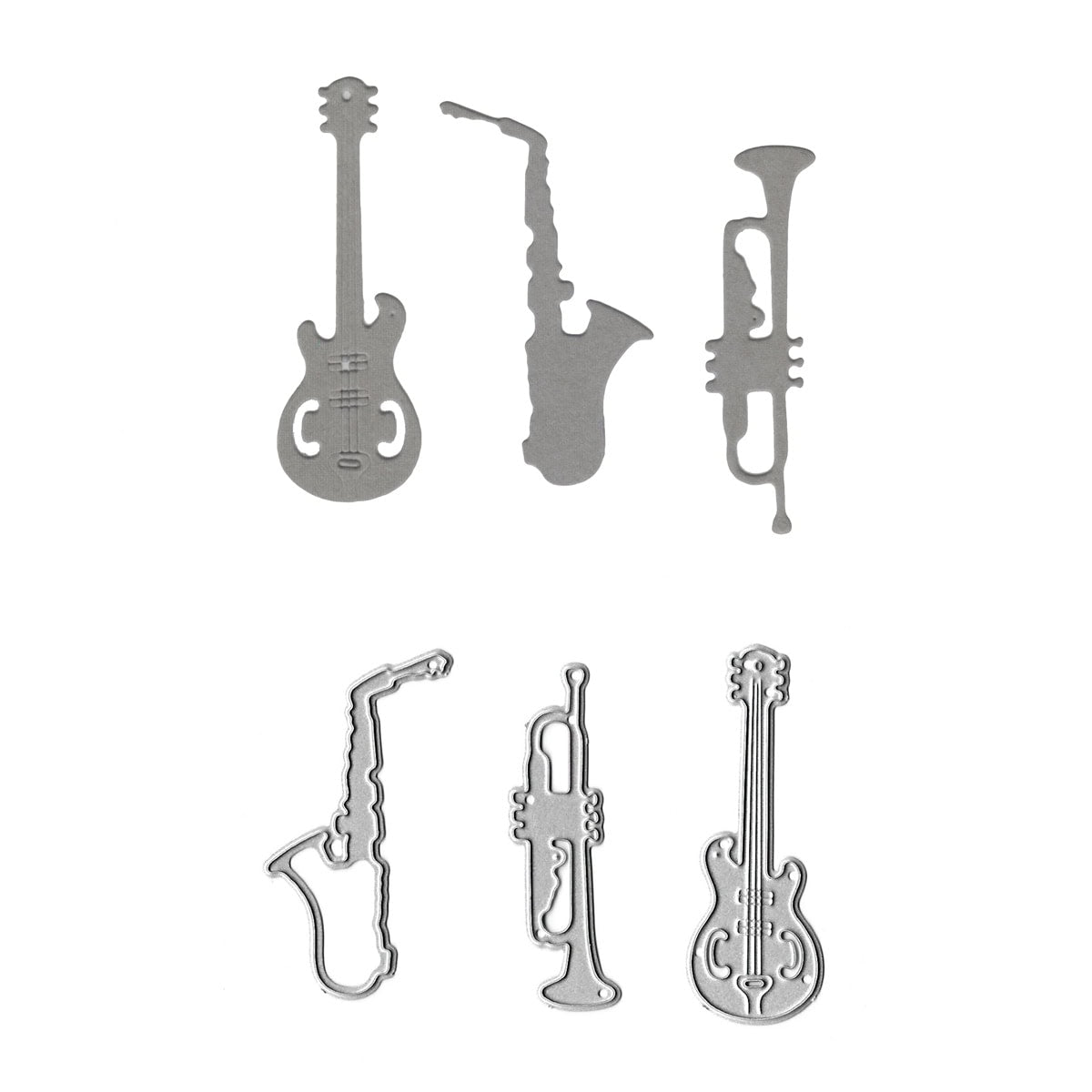 Das Stanzenshop.de Stanzschablone Musik-Instrumente Set enthält sechs metallische Instrumentenausschnitte, darunter Gitarre und Saxophon, angeordnet in zwei Reihen - ideale Akzente für kreative Bastelprojekte.