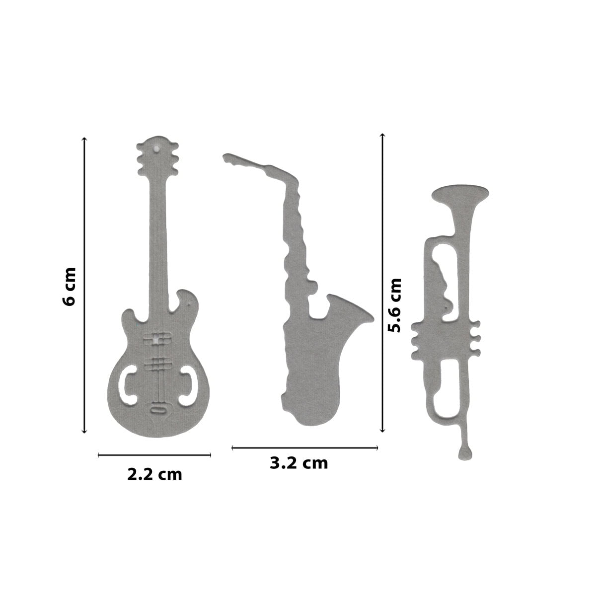 Das Stanzenshop.de Stanzschablone Musik-Instrumente Set enthält graue Metallausschnitte für Gitarre, Saxophon und Trompete mit beschrifteten Größenangaben in cm - ideal für Bastelprojekte oder als dekorative Akzente.