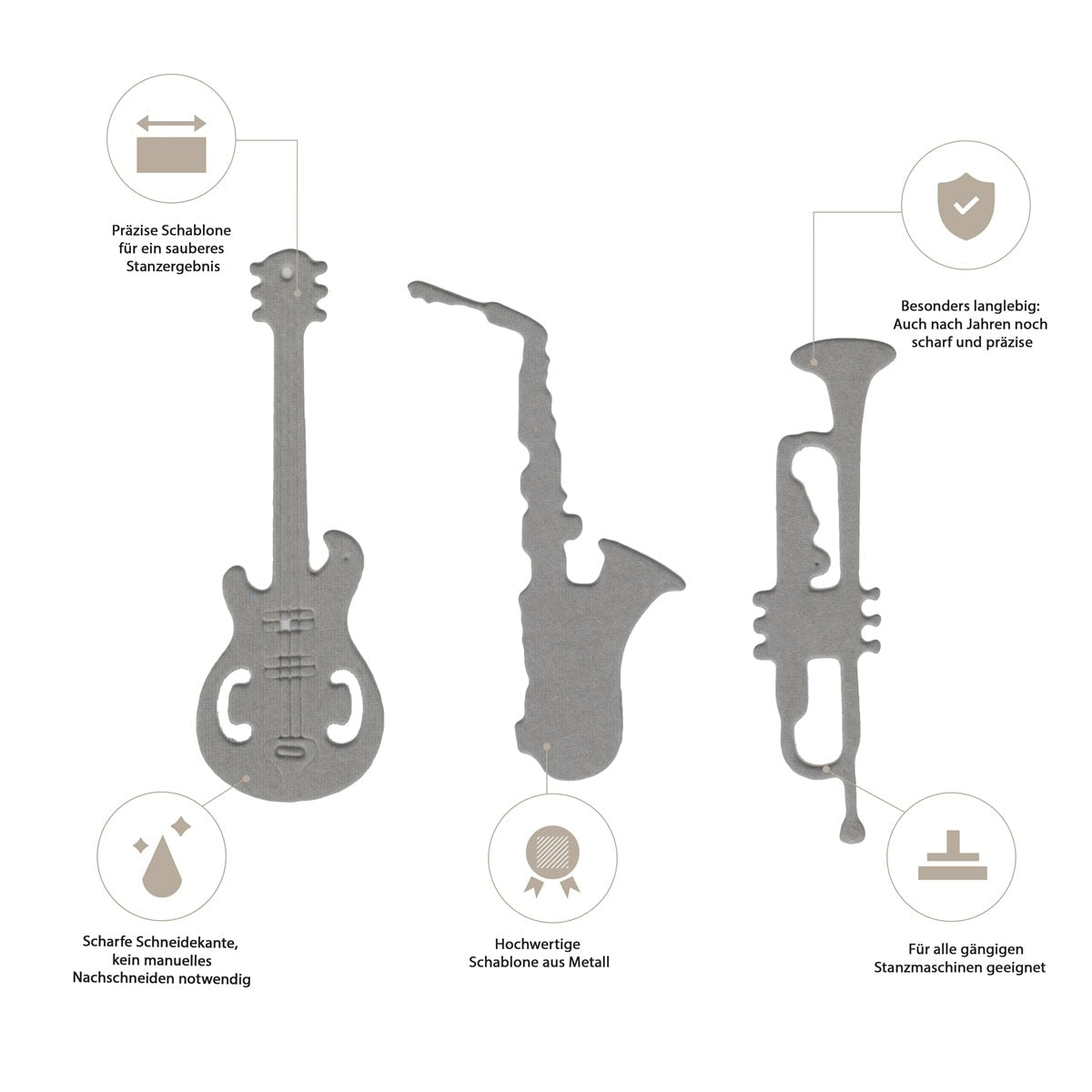 Das Stanzschablone Musik-Instrumente Set von Stanzenshop.de enthält drei Metallschablonen - Saxophon, Gitarre und Trompete - die jeweils in deutscher Sprache beschriftet sind, ideal für kreative Bastelprojekte und musikthematische Basteleien.