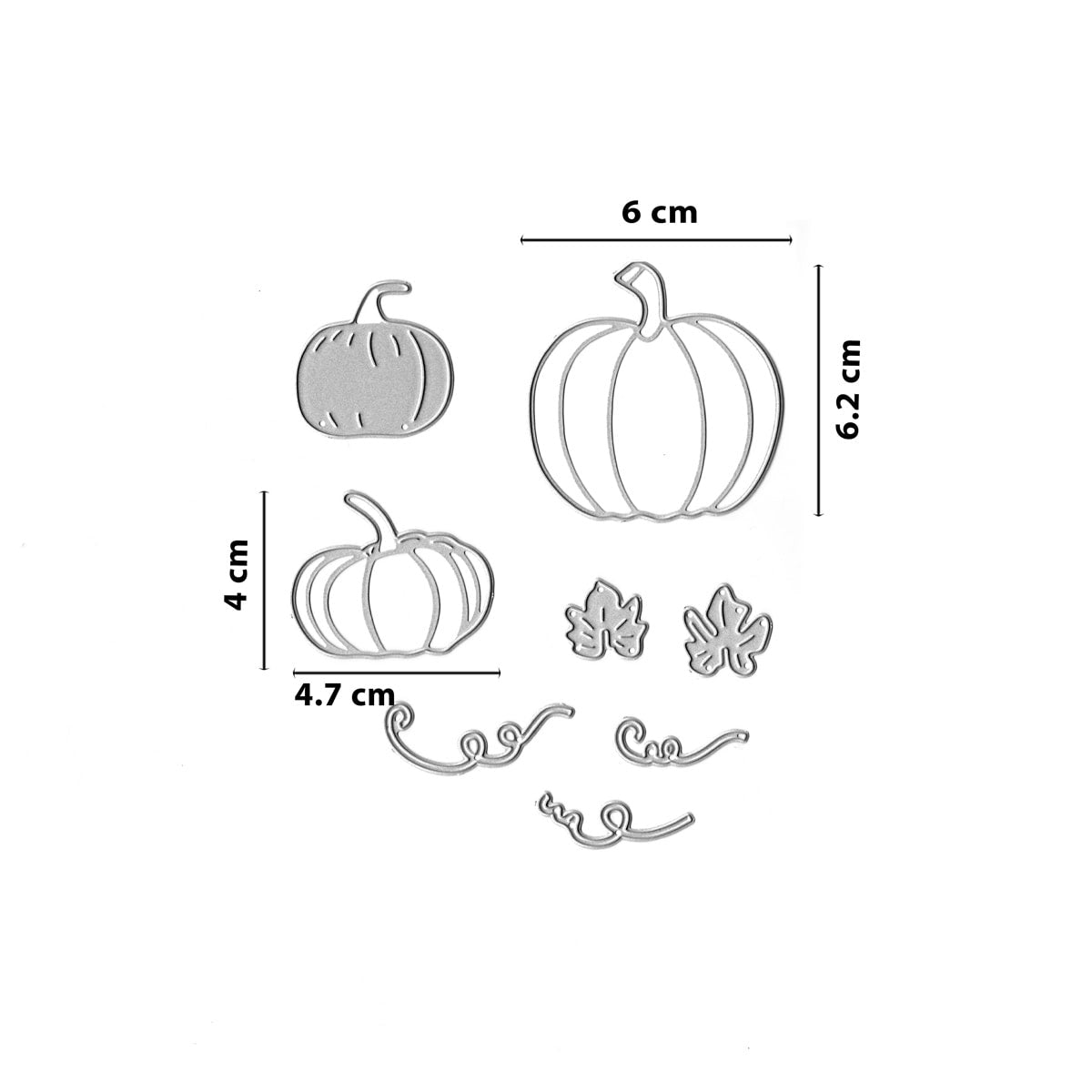 Die Stanzschablone Kürbisset Herbstdeko von Stanzenshop.de enthält Kürbis-, Blatt- und Rankenstempel aus Metall (cm-Maße), ideal für herbstliche Karten oder Bastelprojekte. Alle Formen sind auf weißem Hintergrund abgebildet.