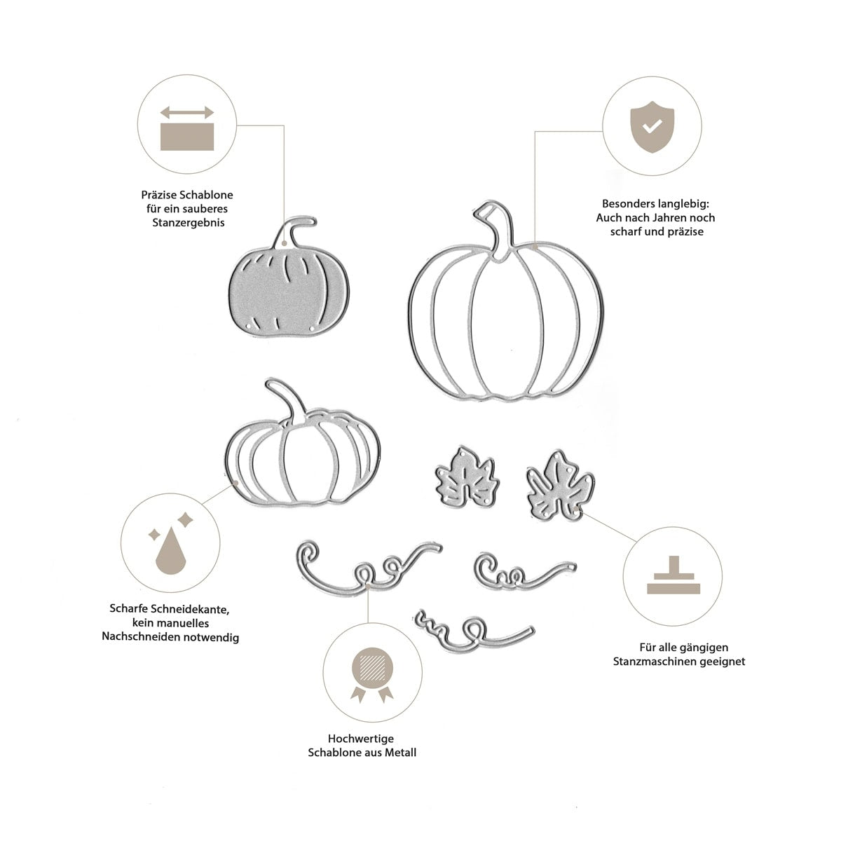 Die Stanzschablone Kürbisset Herbstdeko von Stanzenshop.de bietet Blätter- und Wirbelmotive - ideal für Bastelprojekte und herbstliche Karten. Inklusive deutscher Texte zu Produktmerkmalen und kreativen Bastelideen.