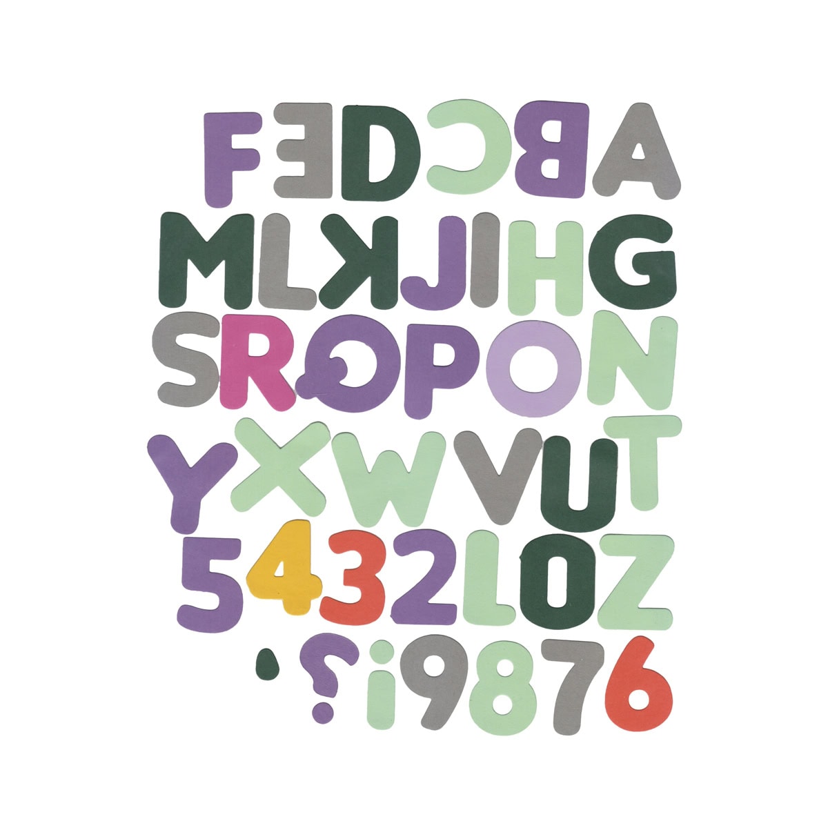 Stanzschablone Alphabet & Zahlen XL von Stanzenshop.de: Bunte Buchstaben und Zahlen, teils invertiert oder gespiegelt, sind in Reihen auf weißem Hintergrund angeordnet.