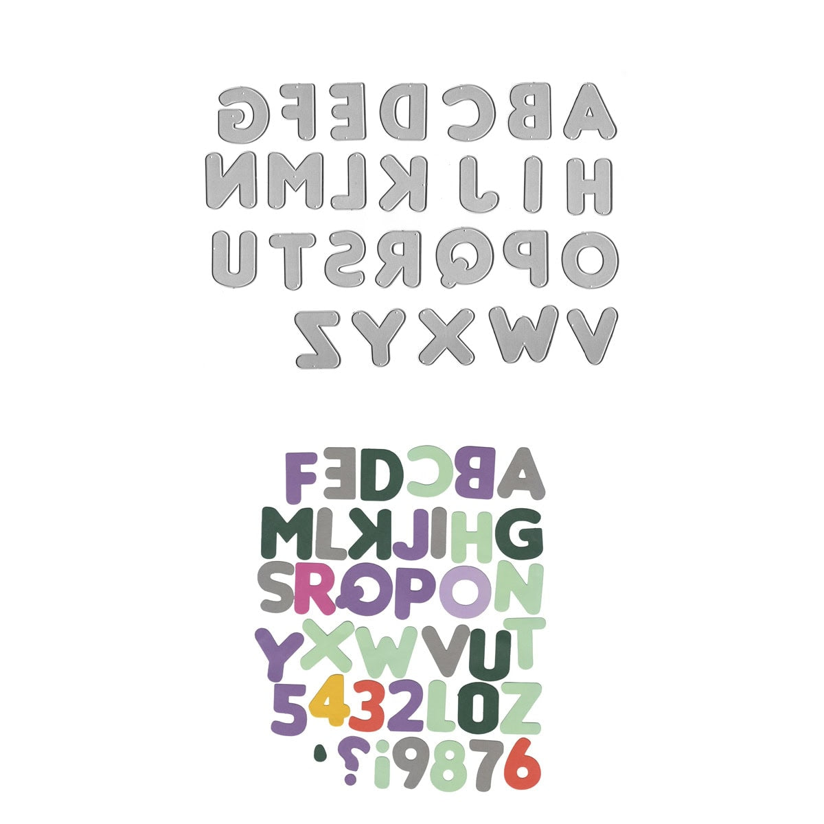 Abgebildet sind zwei Sets aus der Stanzschablone Alphabet & Zahlen XL von Stanzshop.de: oben graue, verspiegelte Großbuchstaben und unten bunte, verspiegelte Buchstaben und Zahlen im Girlanden-Stil.