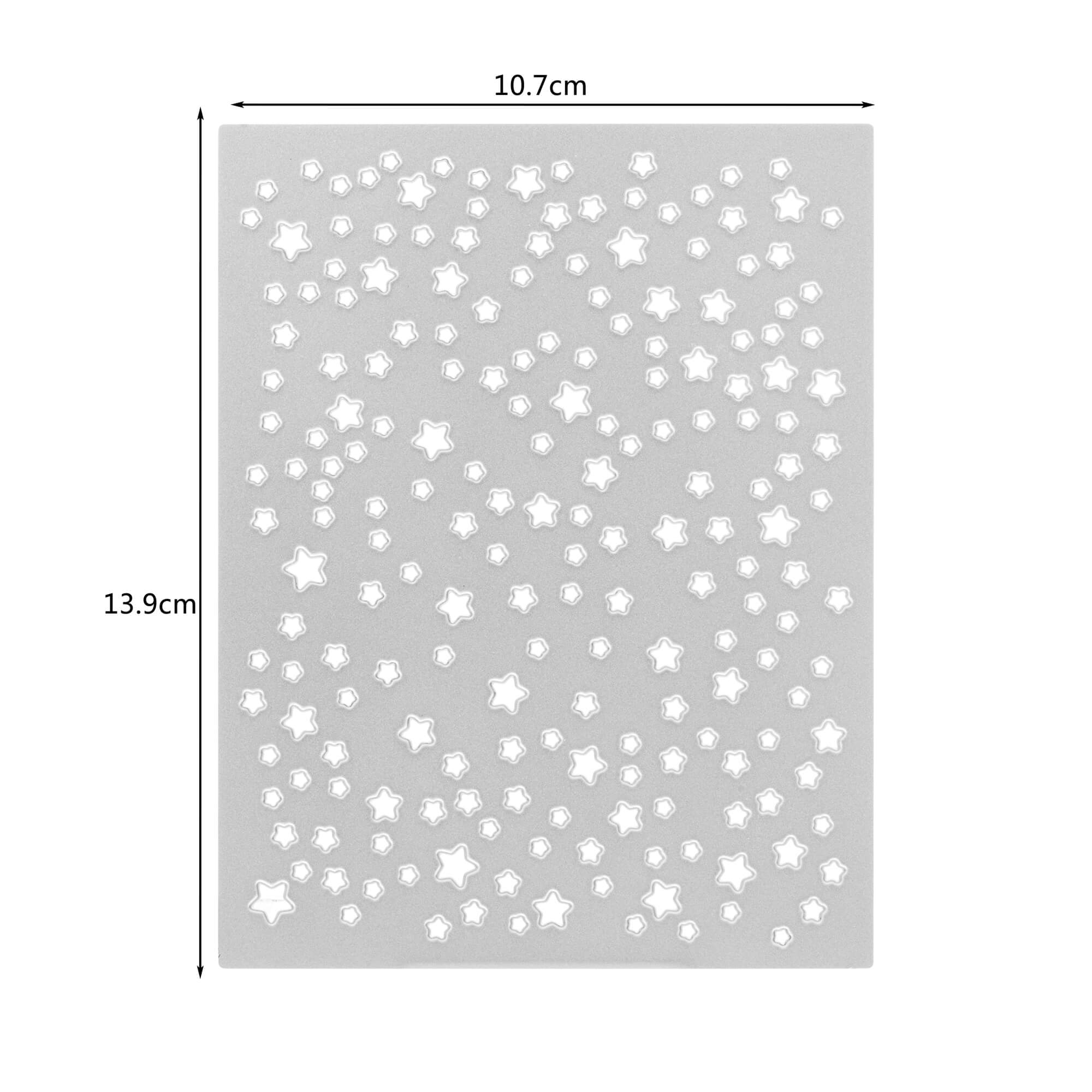 Die Stanzenshop.de Stanzschablone: Platte mit Sternen ist eine 10,7 x 13,9 cm große, rechteckige Schablone mit verschiedenen Sternausschnitten - ideal für Scrapbooking oder um kreative Akzente in Ihren Projekten zu setzen.
