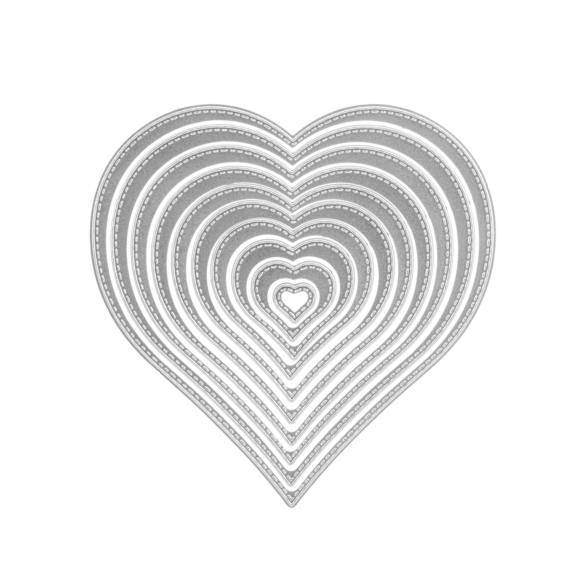 Ein Set von zehn verschachtelten, silbermetallicfarbenen Herzformen mit gepunkteten Umrissen auf Weiß - ideal zum Basteln oder Scrapbooking mit der Stanzschablone: Zehn Herzen in verschiedenen Größen von Stanzenshop.de.