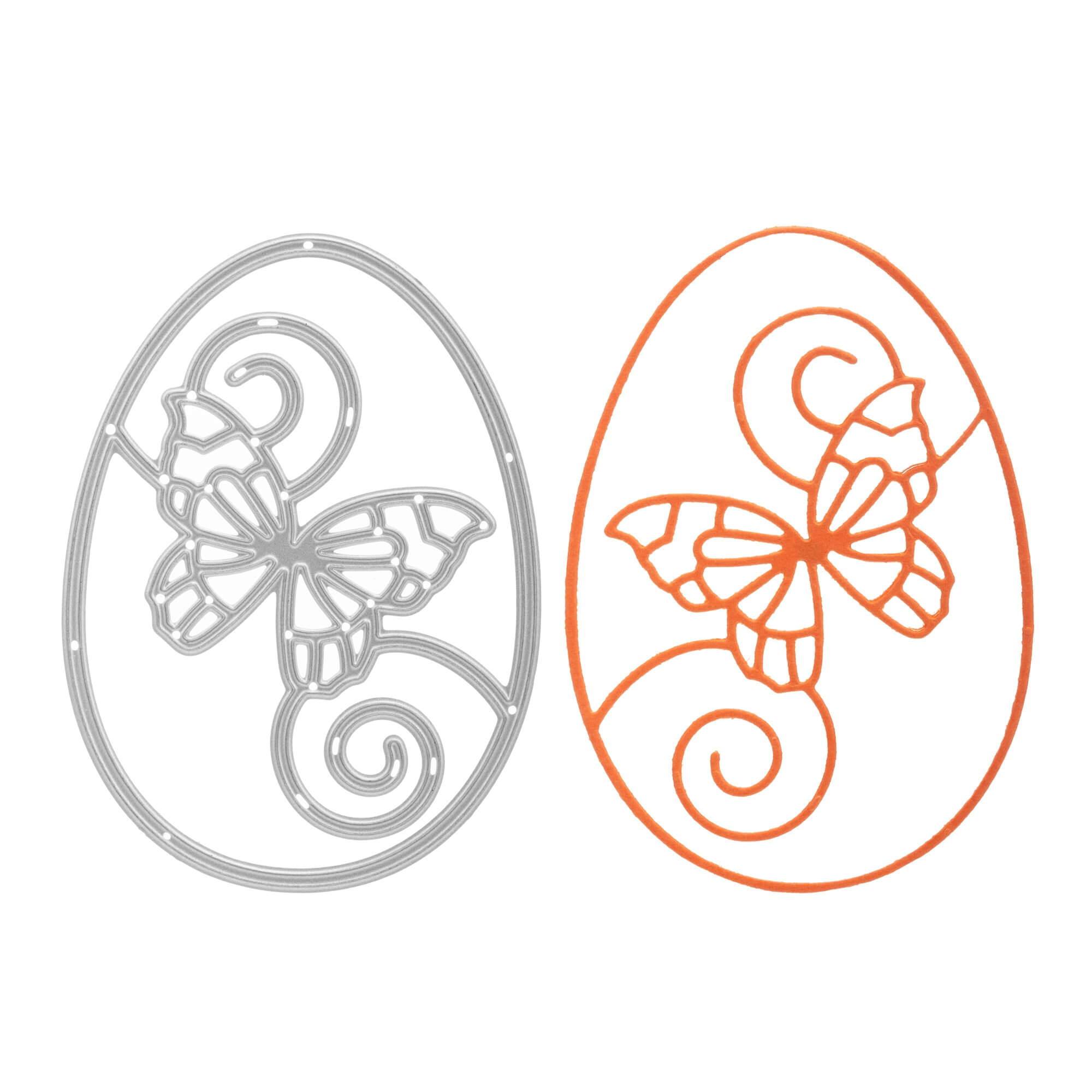 Die Stanzschablone: Schmetterling im Rahmen von Stanzenshop.de ist eine Metallstanze mit eiförmigem Umriss, Schmetterling und Wirbelmotiv, die neben einem orangefarbenen Papierausschnitt gezeigt wird, der sich perfekt für Scrapbooking eignet.