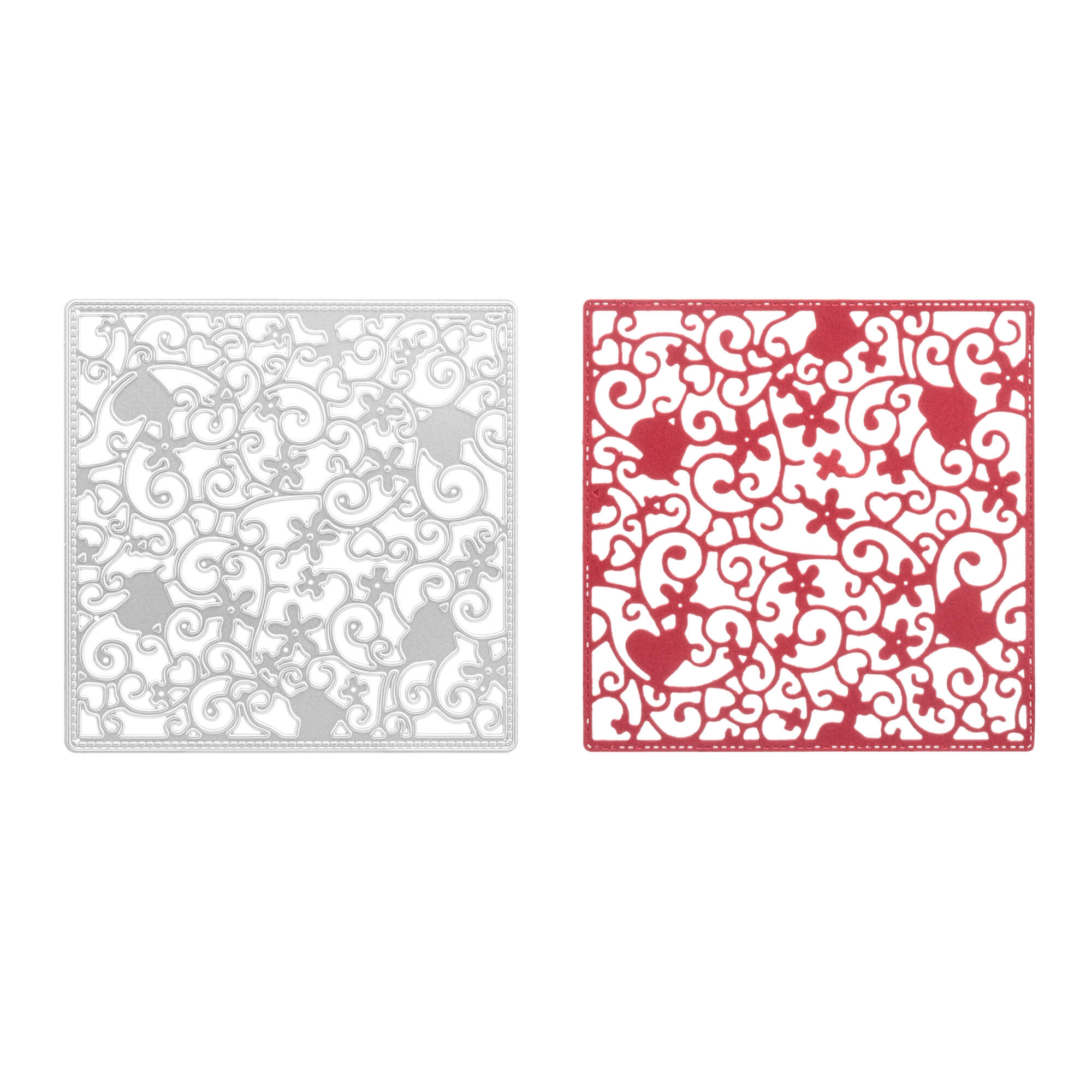 Zwei quadratische "Stanzschablone Platte mit Blumen und Herzen" von Stanzenshop.de, mit Blumen- und Herzmustern in Silber und Rot, ideal zum Basteln oder Scrapbooking, nebeneinander auf weißem Hintergrund.