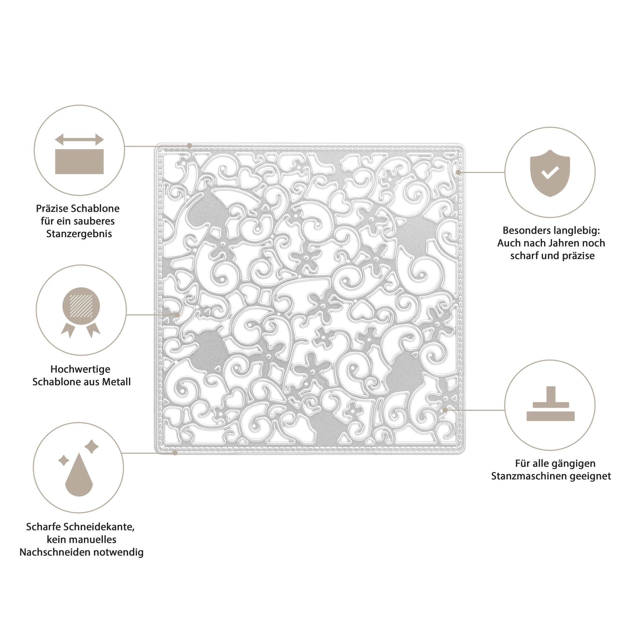 Die Stanzenshop.de Stanzschablone Platte mit Blumen und Herzen verfügt über eine verschnörkelte quadratische Metallstanze mit einem floralen Mittelstück, sowie Icons für Präzision, Haltbarkeit, Schärfe & Kompatibilität - ideal zum Basteln und Scrapbooking.