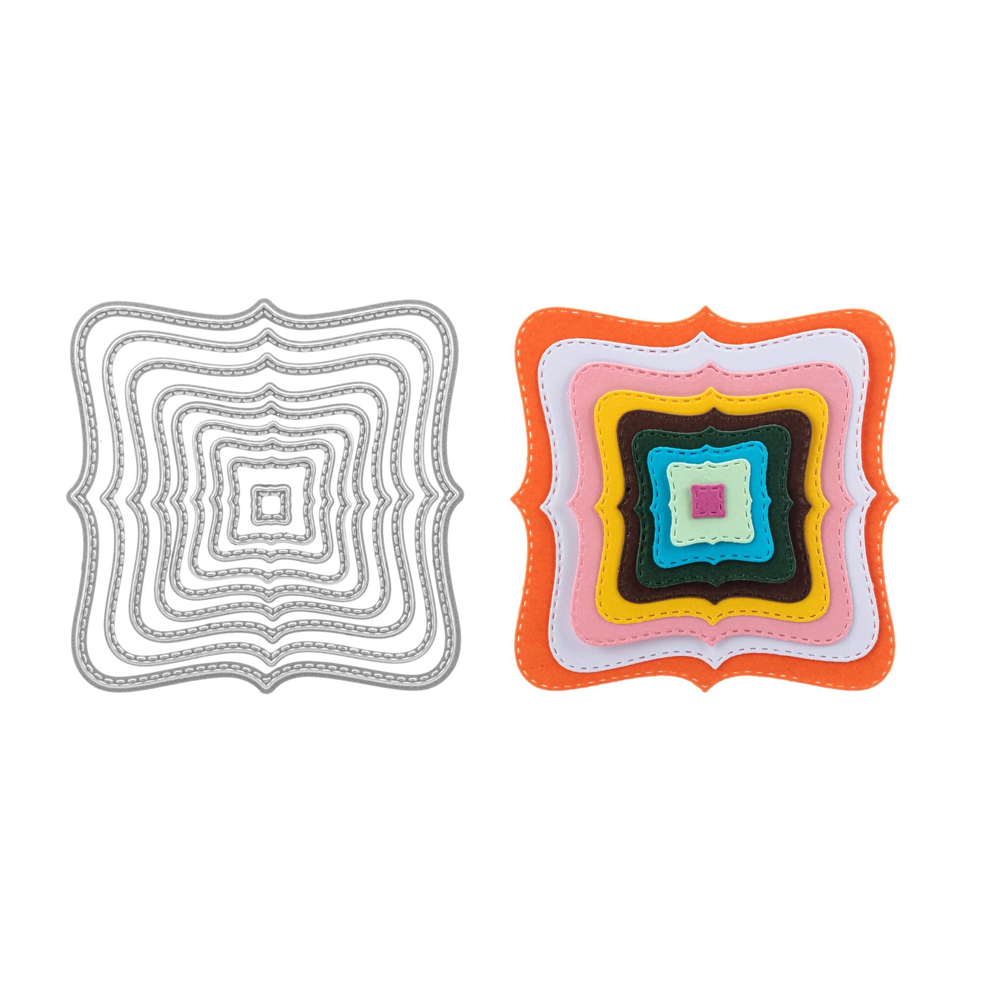 Die Stanzschablone "Neun verschiedene geschwungene Rahmen" von Stanzenshop.de zeigt links graue Metallrahmen und rechts farbig ausgestanzte Beispiele - ideal für Basteln und Scrapbooking.