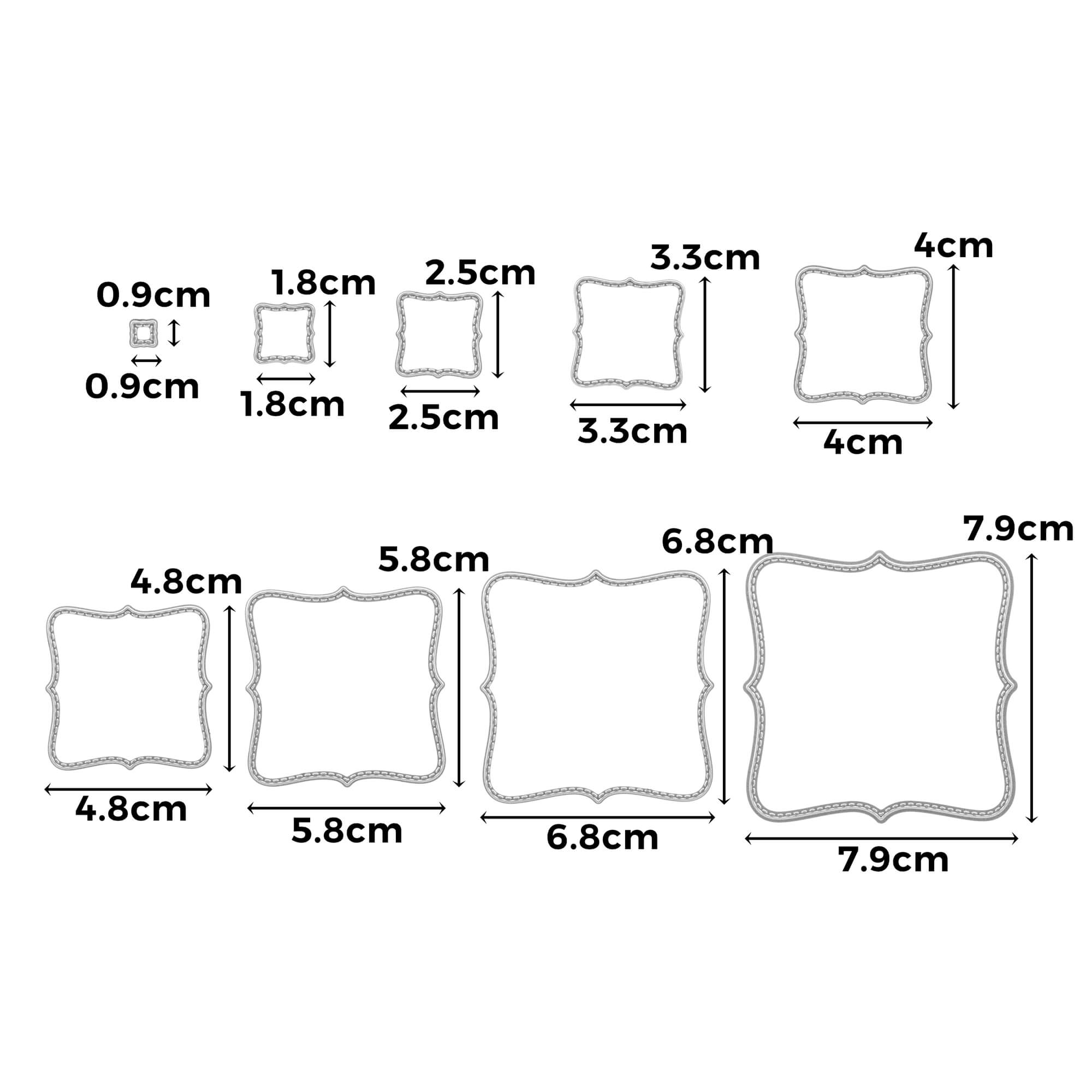 Stanzschablone: Neun verschiedene geschwungene Rahmen von Stanzenshop.de enthält neun quadratische, geschwungene Rahmen (0,9-7,9 cm), ideal zum Scrapbooking, Basteln oder als Stanzschablone.