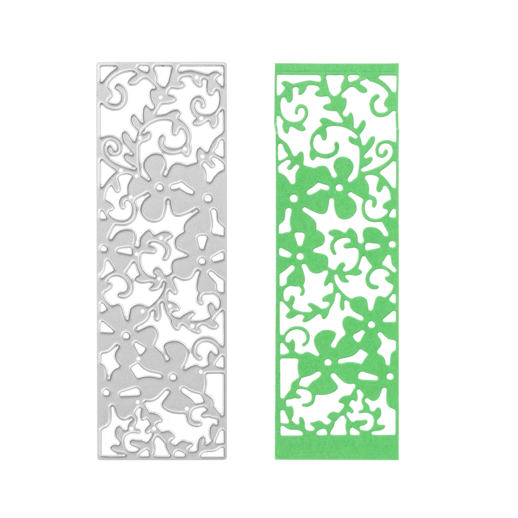 Die Stanzenshop.de "Stanzschablone: Rahmen mit Blüten", eine silberne Metallstanze, wird neben einem grünen Papierausschnitt mit demselben Blumenmuster gezeigt - ideal für Scrapbooking oder die Verwendung mit Ihrer Lieblings-Stanzmaschine.