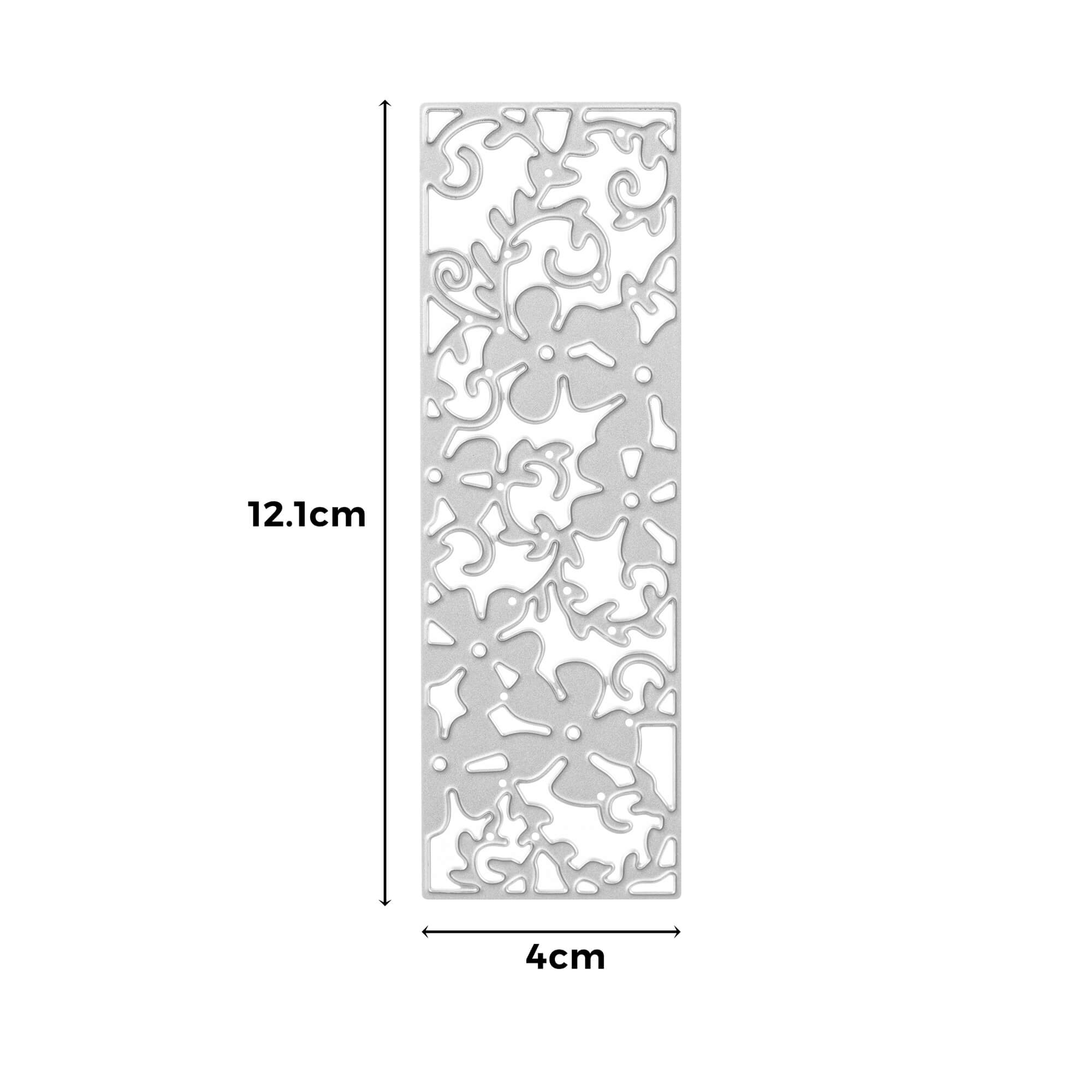 Die "Stanzschablone: Rahmen mit Blüten" von Stanzenshop.de ist eine rechteckige Metallstanze (12,1 x 4 cm) mit einem verschlungenen Blumen- und Rankenmuster - ideal für Scrapbooking. Abgebildet auf weißem Hintergrund.