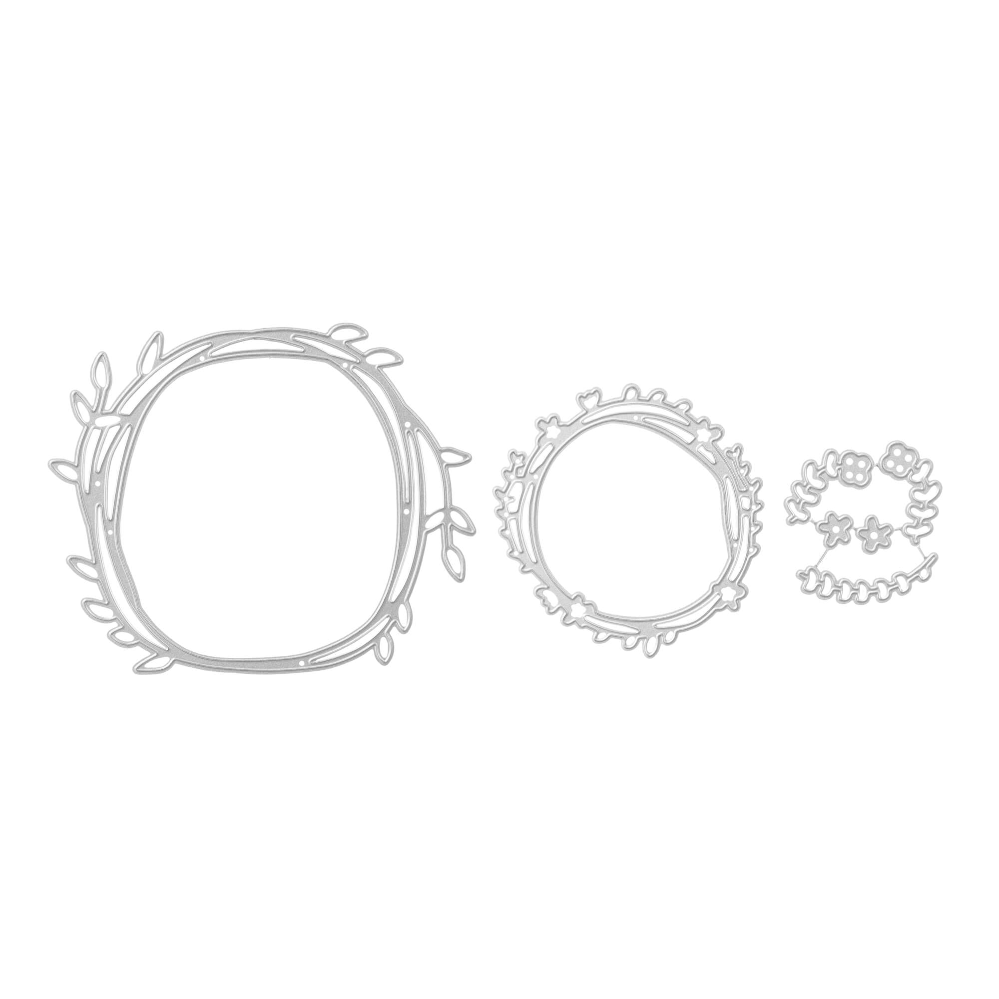 Die "Stanzschablone Zwei Kreise mit Blumen" von Stanzenshop.de zeigt zwei Stanzformen aus Metall in Form von Blumenkranzkreisen, ideal für Scrapbooking oder Kartengestaltung, dargestellt auf weißem Hintergrund.