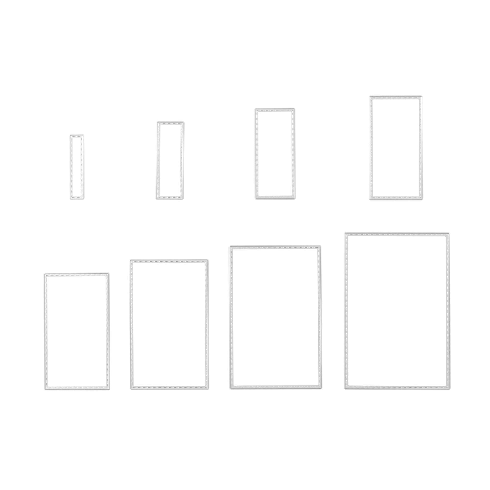 Sieben leere rechteckige Rahmen in verschiedenen Größen sind in zwei Reihen auf einem weißen Hintergrund angeordnet - perfekt für Cardmaking oder Scrapbooking mit der Stanzschablone Rechteckige Rahmen in sieben verschiedenen Größen von Stanzenshop.de.