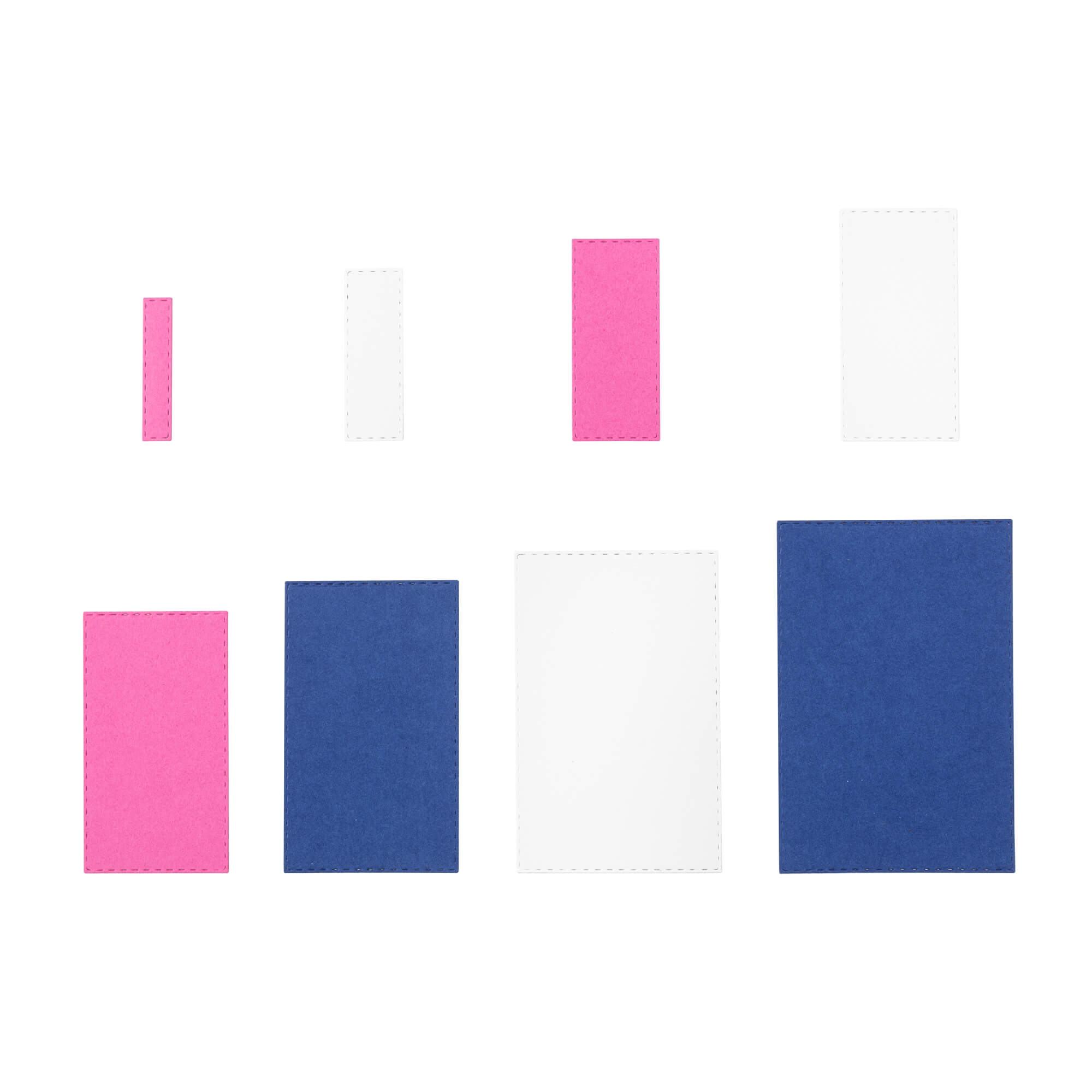 Sieben rechteckige Papierstücke in Rosa, Weiß und Blau sind nach Größen geordnet - ideal für Scrapbooking oder Basteln von Karten mit der "Stanzschablone Rechteckige Rahmen in sieben verschiedenen Größen" von Stanzenshop.de.