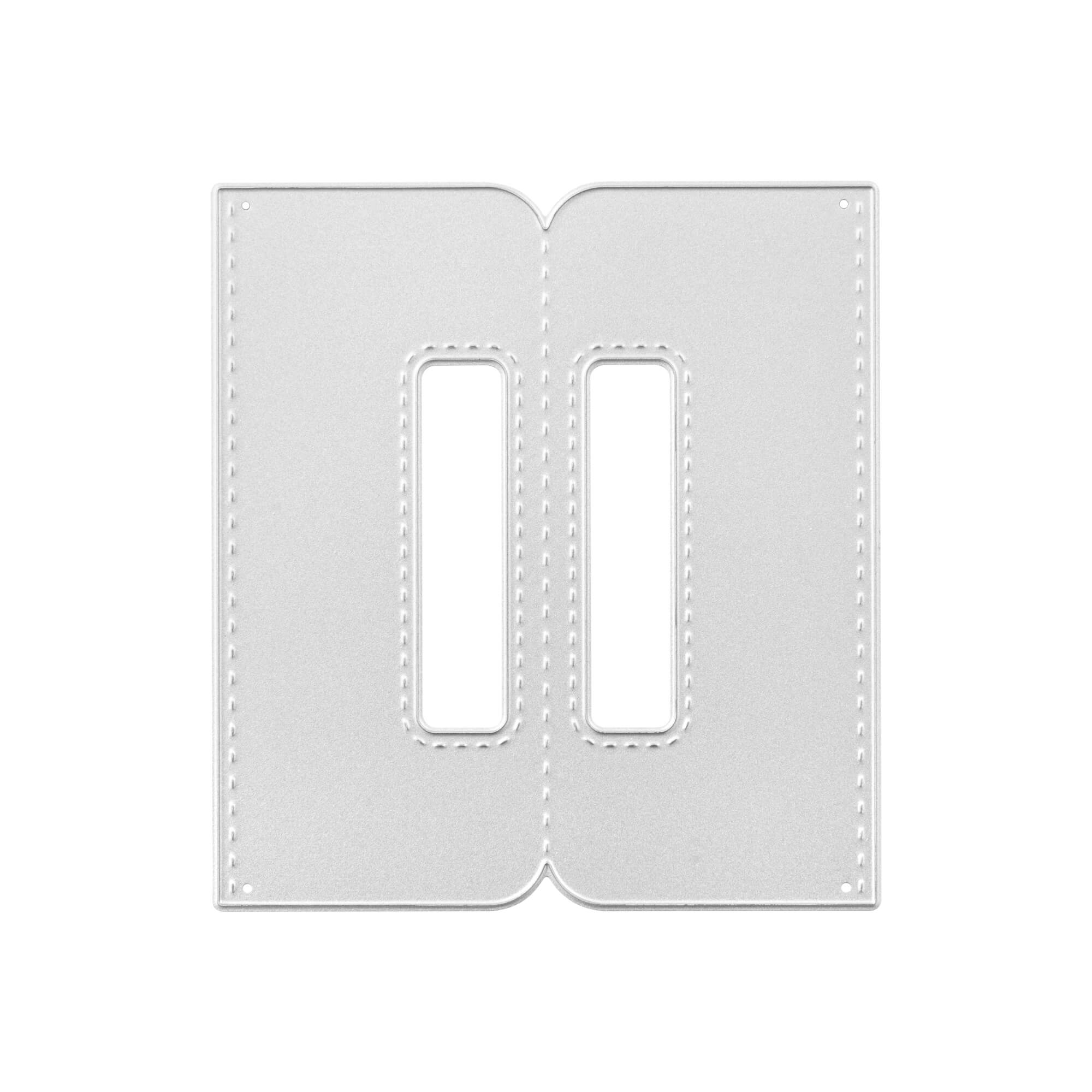 Die Stanzschablone Griffe von Stanzenshop.de ist eine weiße rechteckige Stanzform mit zwei vertikalen Ausschnitten und genähten Rändern, abgebildet auf einem weißen Hintergrund - ideal für Ihr nächstes Scrapbooking-Projekt.