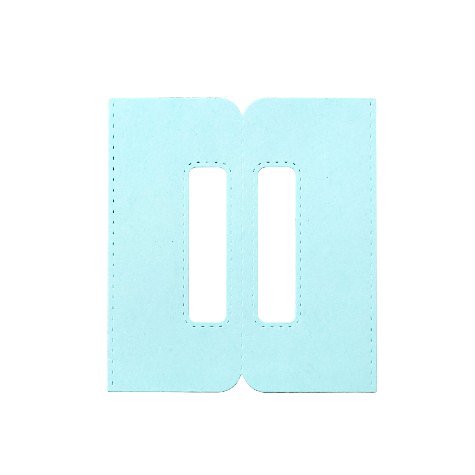 Die Stanzschablone Griffe von Stanzenshop.de ist eine flache, hellblaue, rechteckige Stanzform mit zwei vertikalen ovalen Ausschnitten und gepunkteten Randlinien - ideal, um detaillierte Akzente in Ihren Scrapbooking-Projekten zu setzen.