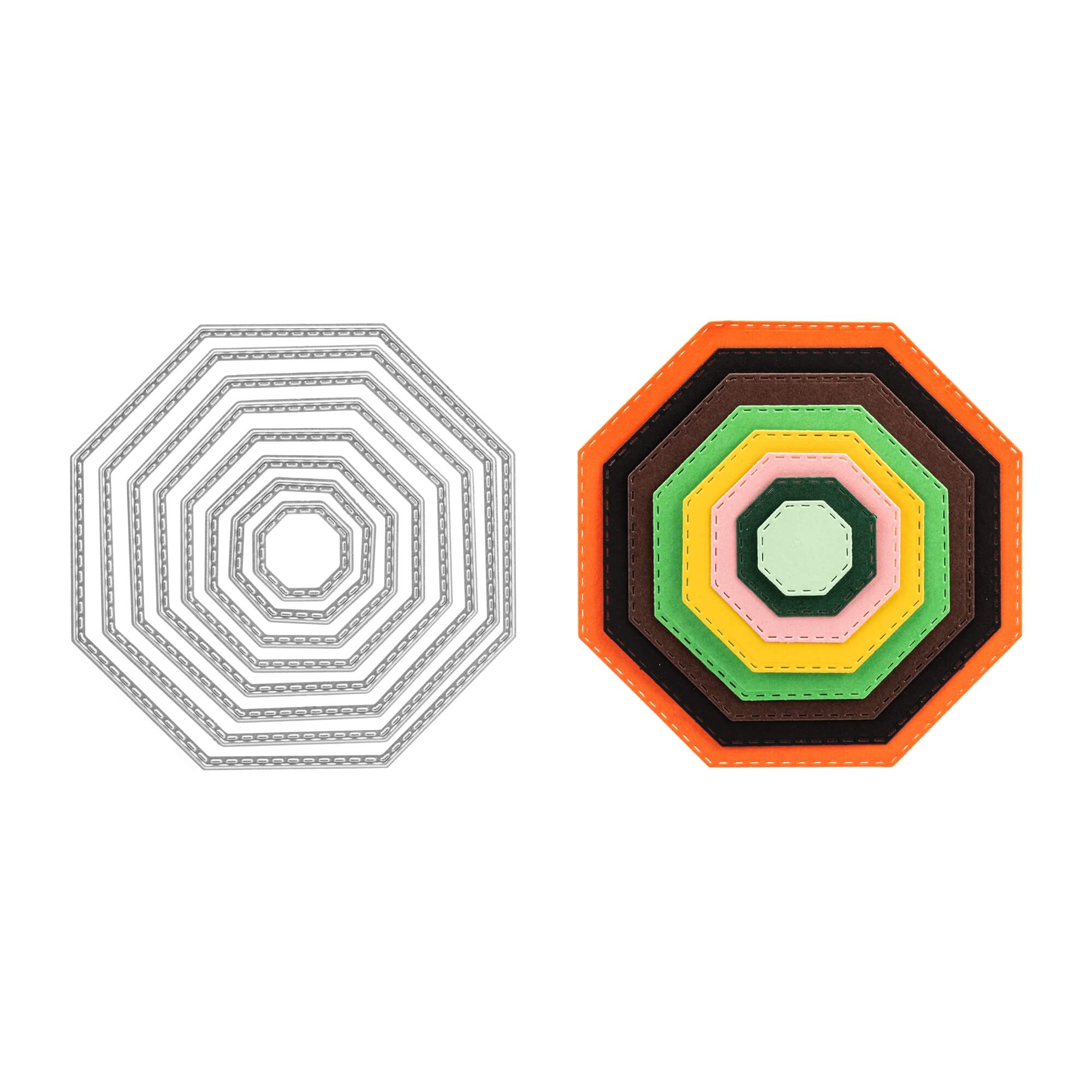 Auf der linken Seite silberne Metallkonturen, auf der rechten Seite massive Achteckige Stanzschablonen (grüne Mitte bis orangefarbener Rand). "Stanzschablone Achteckige Rahmen in acht verschiedenen Größen" von Stanzenshop.de. Kompatibel mit Stanzmaschine.
