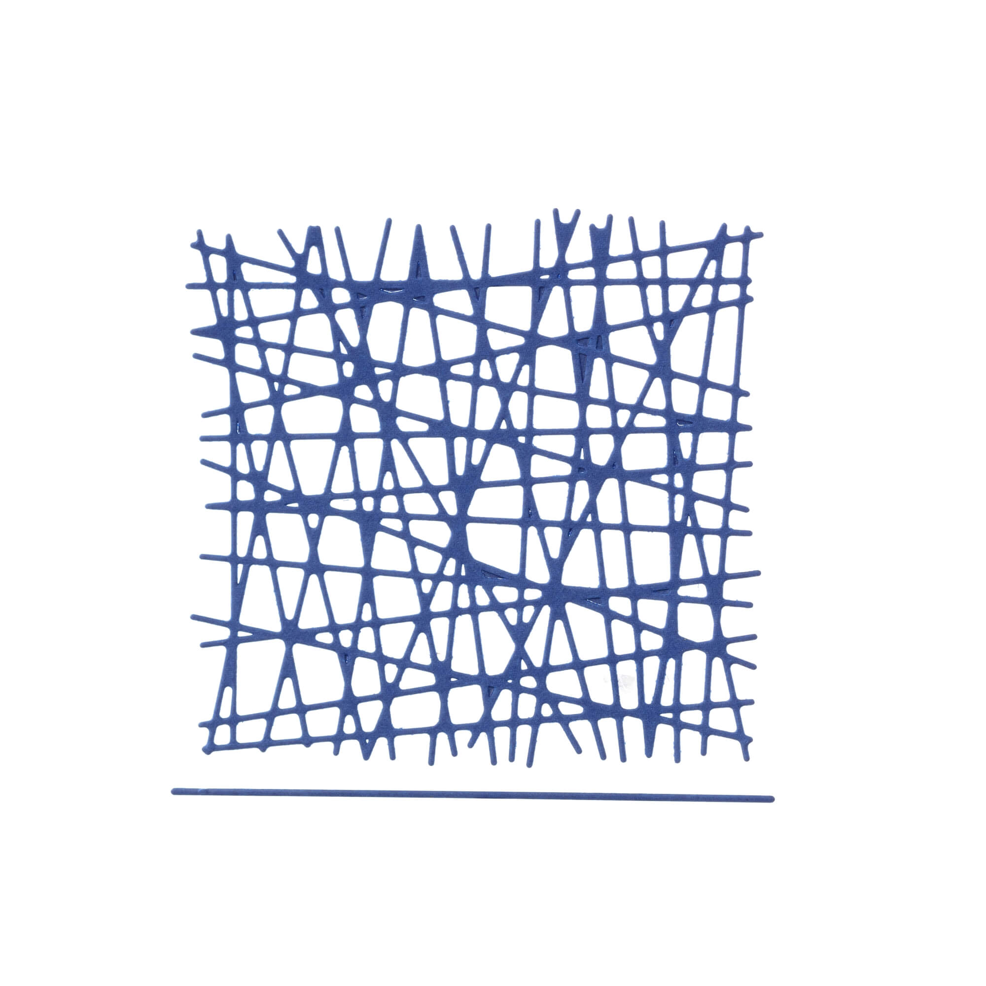 Ungleichmäßige blaue Linien bilden ein quadratisches Gitter, hergestellt mit der Stanzschablone Gittermuster von Stanzenshop.de, plus eine einzelne horizontale Linie darunter - ideal für Karten basteln oder Scrapbooking auf weißem Hintergrund.