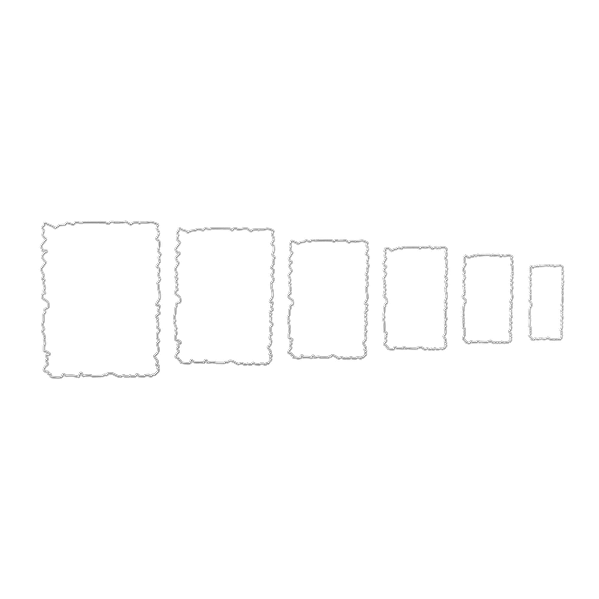 Die Stanzschablone: Sechs gewellte Rahmen in verschiedenen Größen von Stanzenshop.de zeigt sechs gewellte rechteckige Rahmen, sortiert von groß bis klein auf weißem Hintergrund - ideal zum Basteln und Scrapbooking.