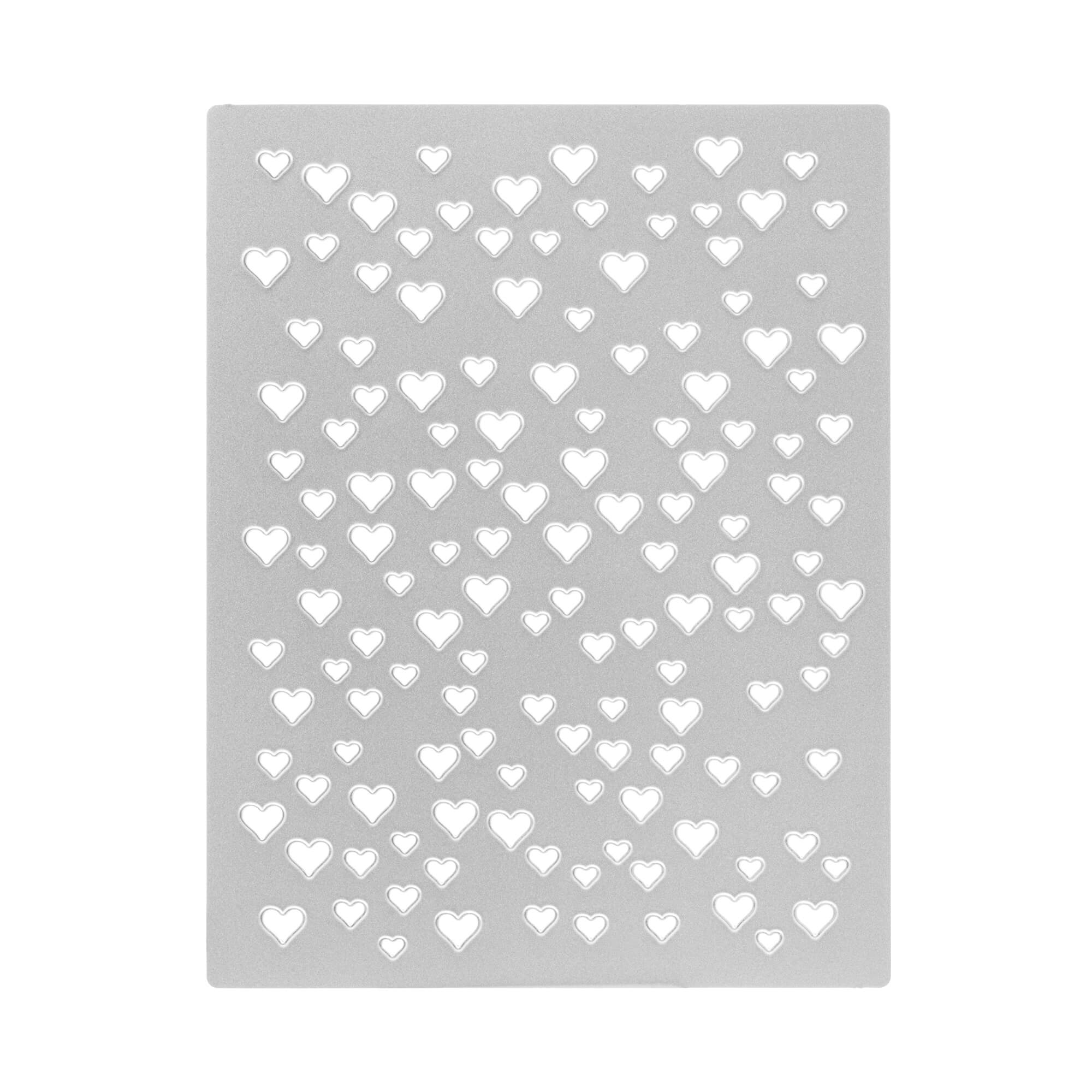 Die "Stanzschablone Platte mit Herzen" von Stanzenshop.de ist eine rechteckige Schablone mit verschiedenen Herzausschnitten in unterschiedlichen Größen, ideal für Scrapbooking oder Karten basteln Projekte.