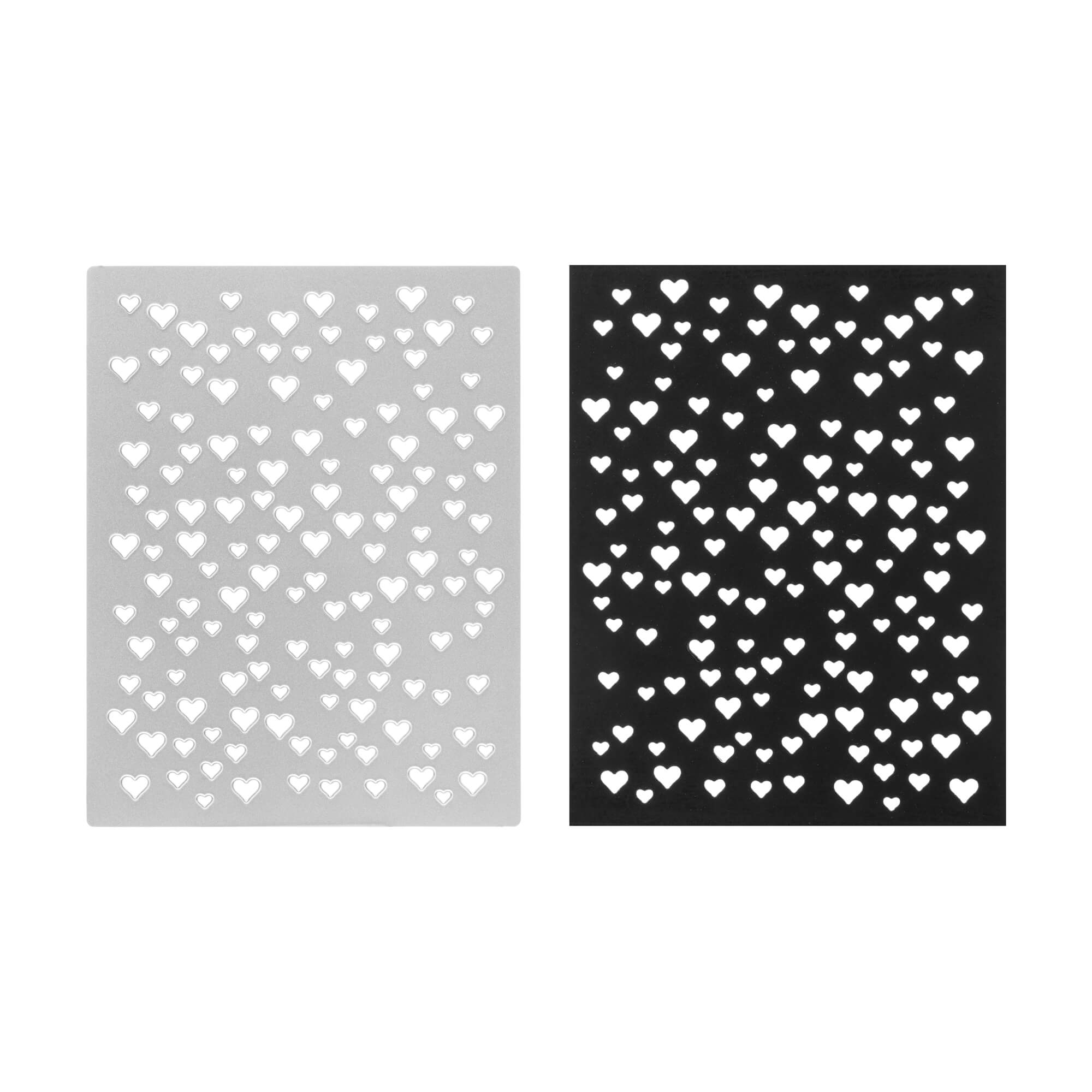 Die Stanzschablone Platte mit Herzen von Stanzenshop.de enthält zwei rechteckige Platten - eine helle und eine dunkle - mit verstreuten Herzausschnitten, ideal für Scrapbooking- oder Karten basteln-Projekte.