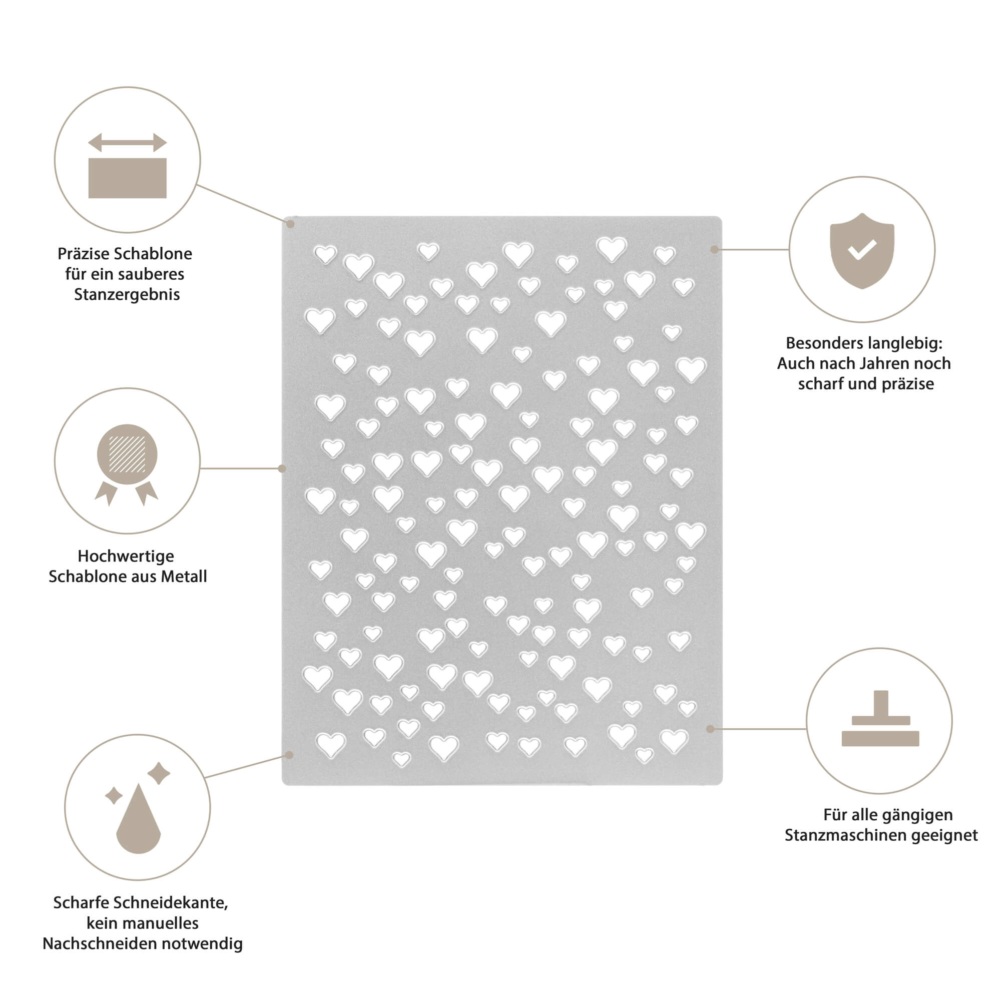 Die Stanzschablone Platte mit Herzen von Stanzenshop.de ist eine rechteckige Metallstanze mit Herzausschnitten, die sich durch Schärfe, Haltbarkeit, Qualität und Kompatibilität auszeichnet - perfekt für Scrapbooking oder Karten basteln mit den meisten Stanzmaschinen.