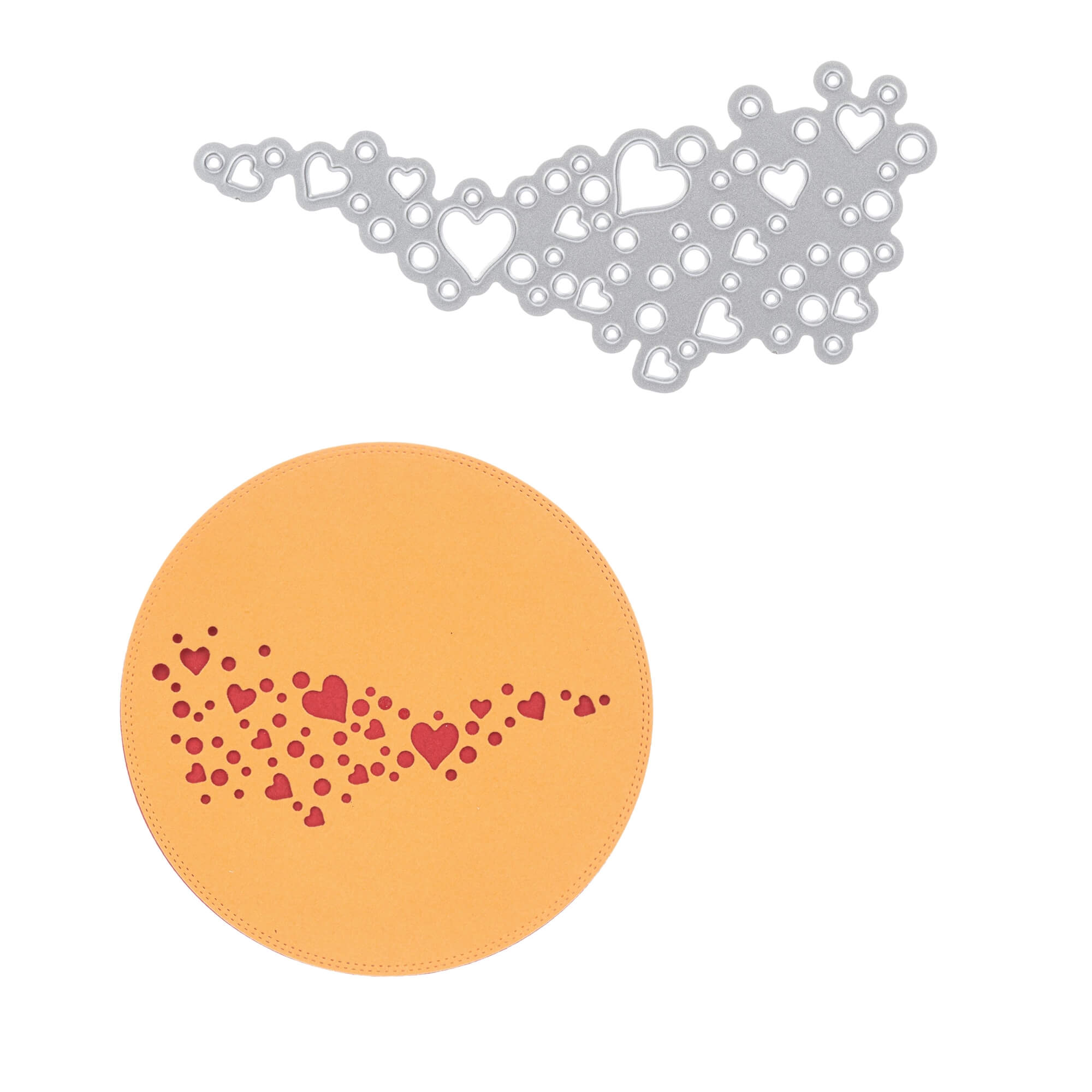 Die Stanzschablone Welle aus Herzen von Stanzenshop.de eignet sich ideal für Bastel- und Scrapbooking-Projekte mit ihrem herzförmigen Muster auf rundem gelbem Papier.