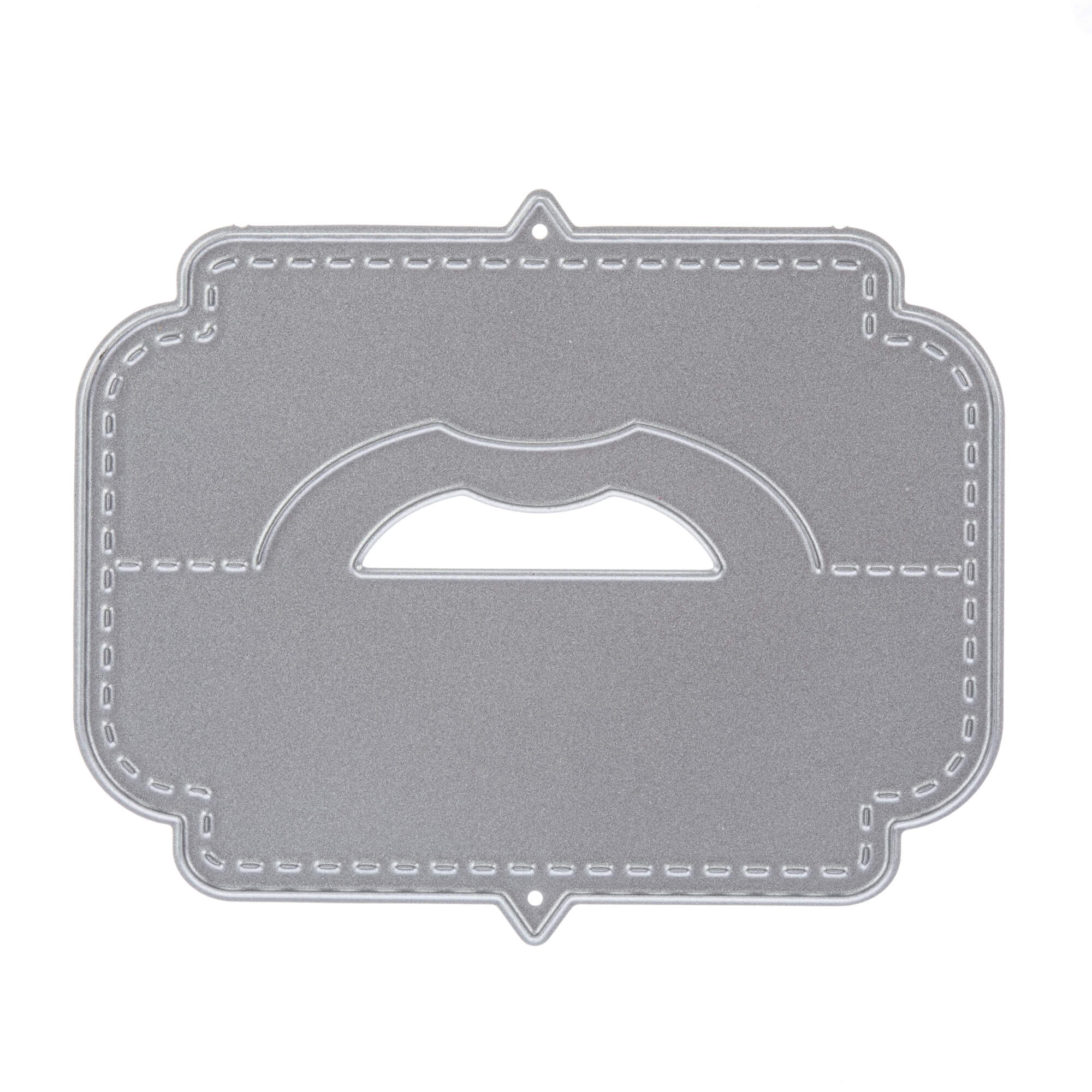 Die Stanzschablone Verschluss für Tüten von Stanzenshop.de ist mit ihren genähten Rändern und dem mittigen Ausschnitt ideal für Bastelprojekte wie das Basteln einzigartiger Formen oder das Herstellen kreativer Taschenverschlüsse.