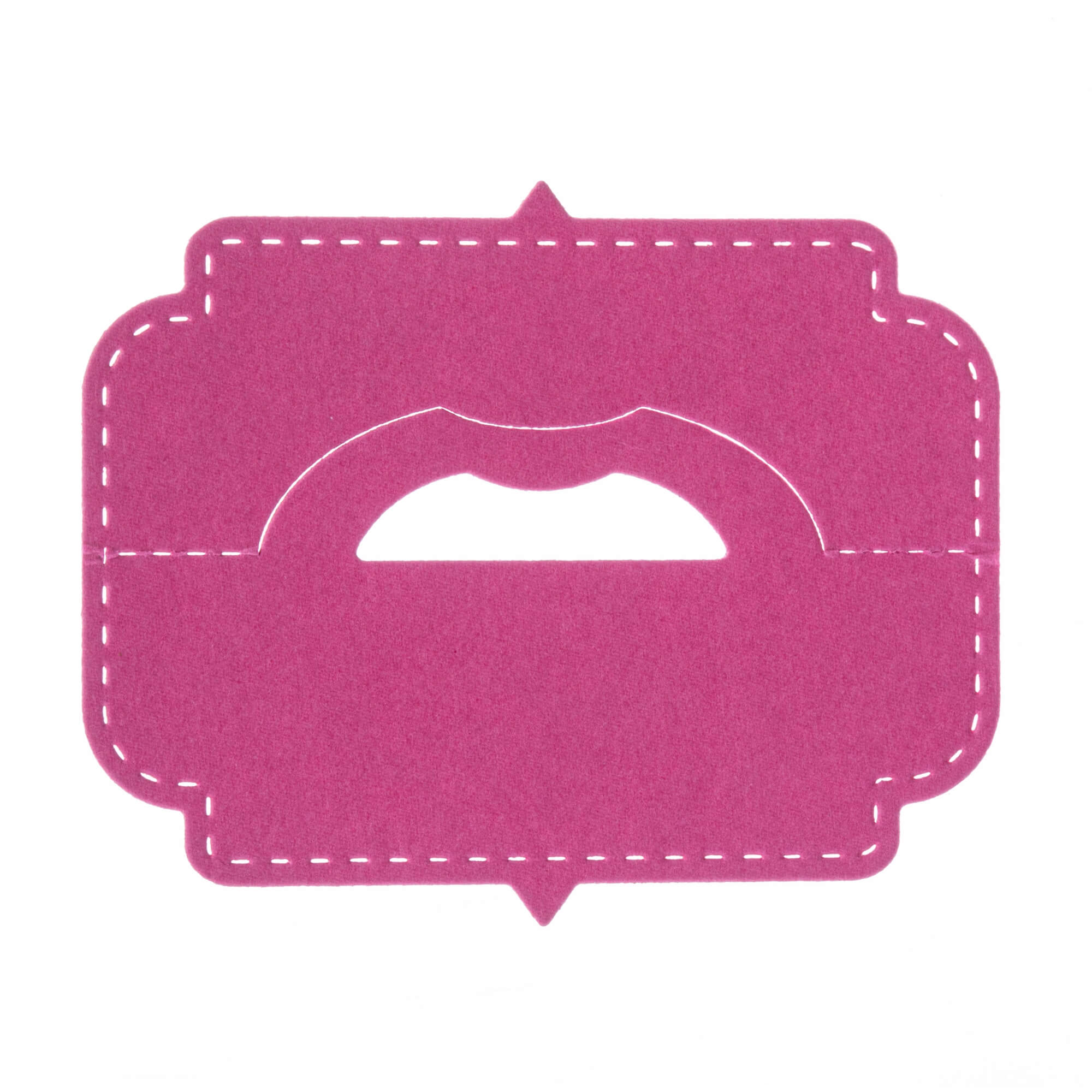 Die Stanzschablone Verschluss für Tüten von Stanzenshop.de ist ein rosafarbener, gestanzter, rechteckiger Anhänger mit abgeschrägten Ecken, dekorativen weiß gestrichelten Rändern und einem Schnurrbart in der Mitte - ideal zum Basteln oder Verschließen von Tüten.
