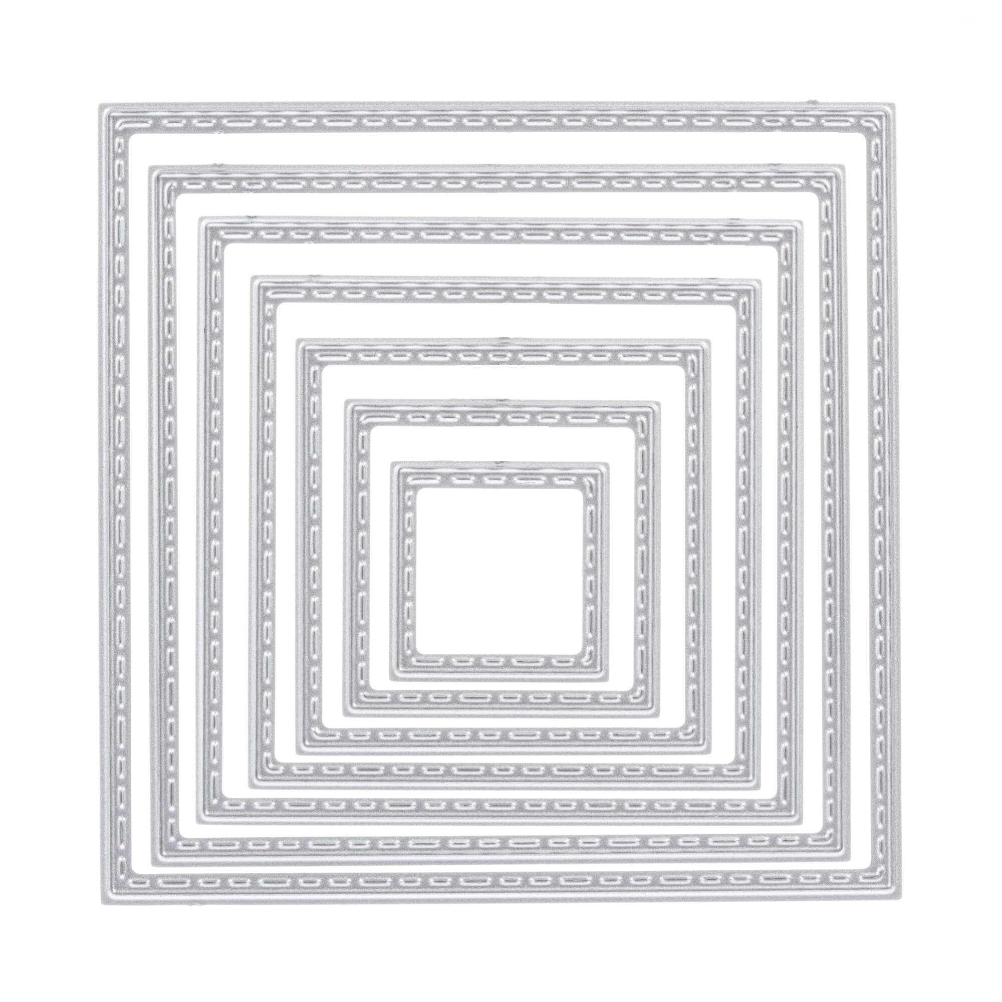 Sieben ineinander verschachtelte silberne Quadratrahmen von Stanzenshop.de, konzentrisch angeordnet mit einem Kettengliedmuster auf Weiß. Ideal als "Stanzschablone: Sieben quadratische Rahmen" für Scrapbooking- und Kartengestaltungsprojekte.