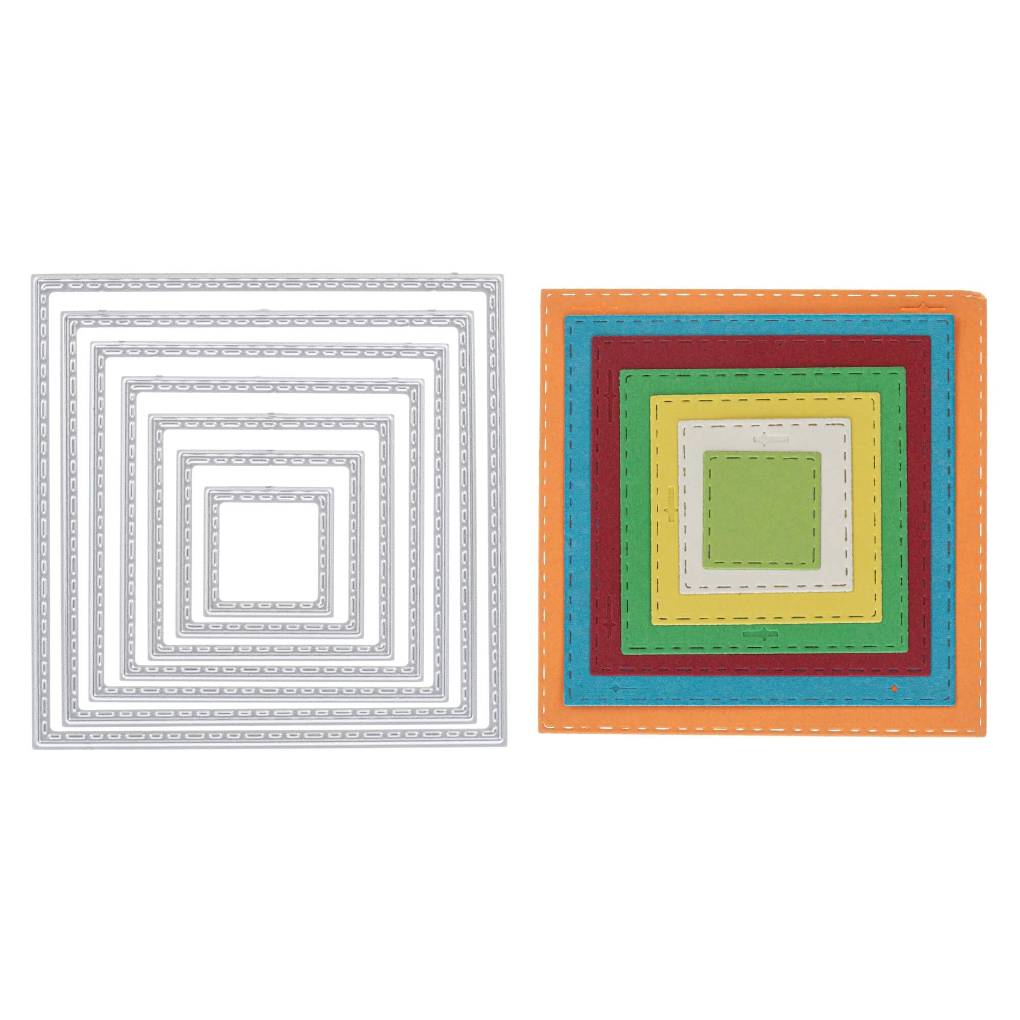 Sieben Stanzschablonen aus Metall "Stanzschablone: Sieben quadratische Rahmen" aus dem Stanzenshop.de sind auf der linken Seite zu sehen, auf der rechten Seite sind sieben bunte, geheftete Papierquadrate eingefügt - ideal für Scrapbooking-Projekte.