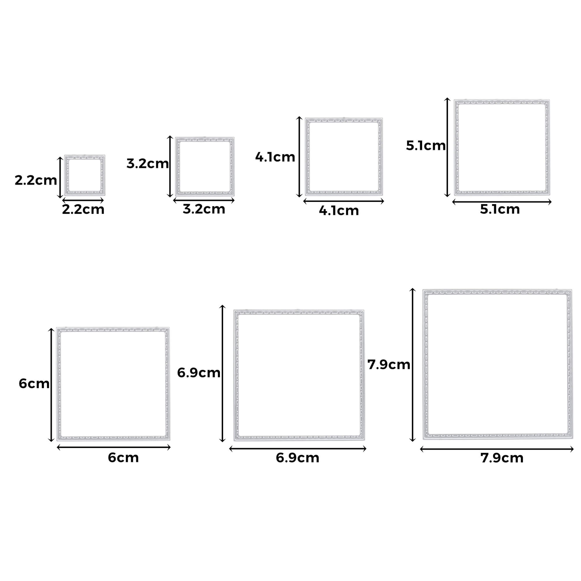 Diagramm, das sieben quadratische Rahmen von Stanzschablone zeigt: Sieben quadratische Rahmen von Stanzenshop.de, jeweils mit beschrifteter Breite und Höhe in Zentimetern - ideal für Scrapbooking oder die Verwendung mit Ihrer Stanzschablone.