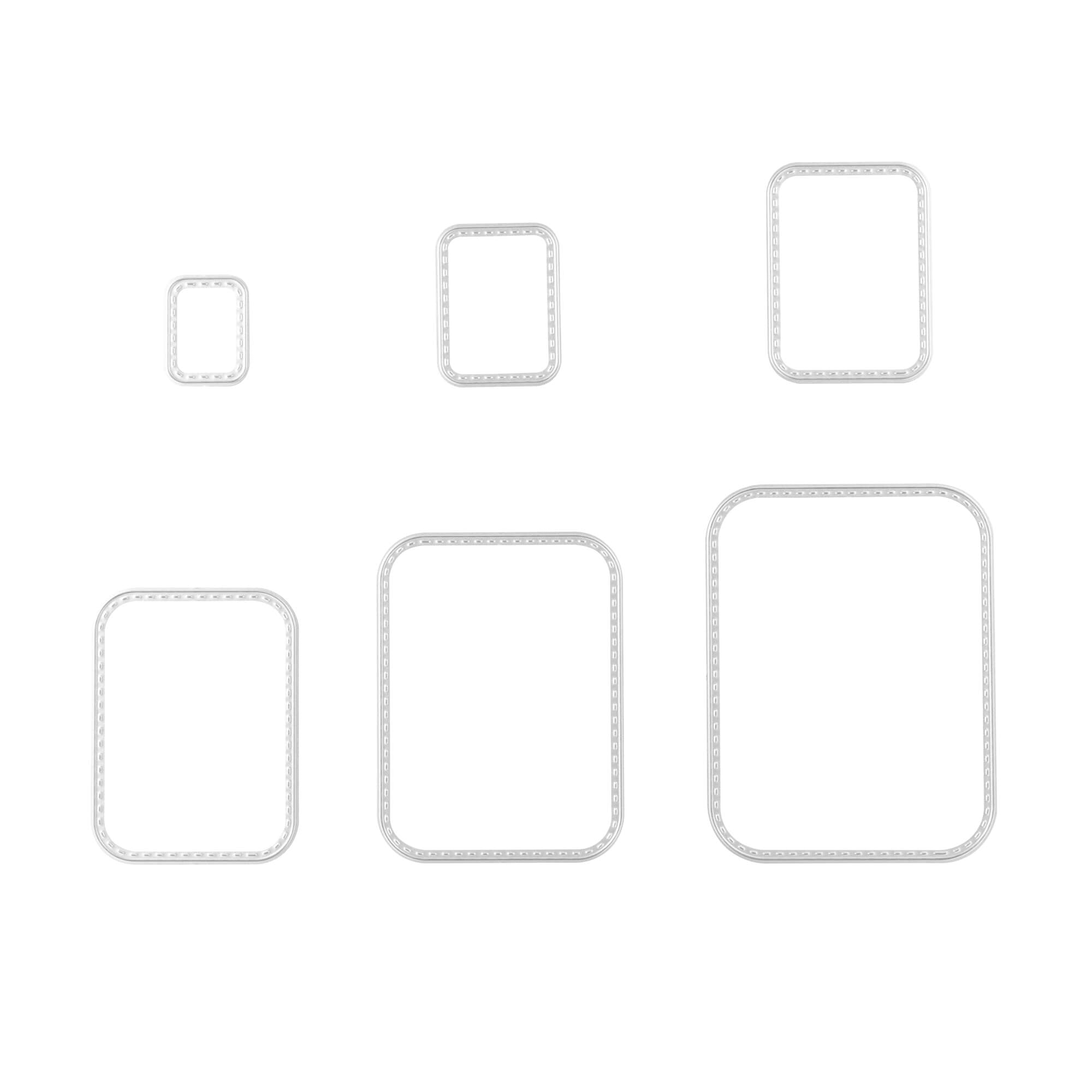 Die Stanzschablone Sechs Rahmen mit runden Ecken von Stanzenshop.de zeigt sechs transparente, rechteckige Rahmen in verschiedenen Größen, die auf weißem Hintergrund als perfekte Stanzschablone fürs Scrapbooking angeordnet sind.