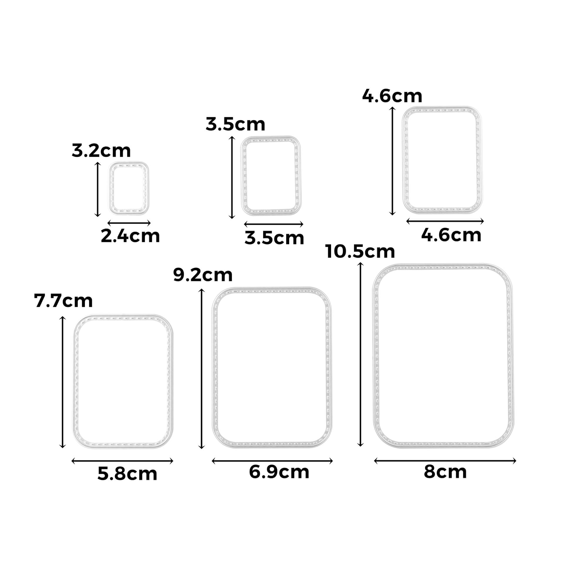 Sechs rechteckige Stanzschablonen Sechs Rahmen mit runden Ecken von Stanzenshop.de in verschiedenen Größen sind in zwei Reihen angeordnet, jeweils beschriftet mit Länge und Breite in Zentimetern - ideal für Ihr nächstes Bastelprojekt.