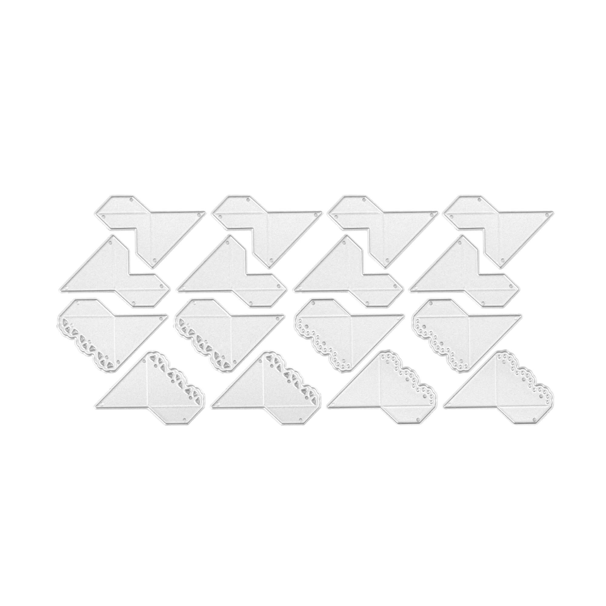 Das Set Stanzschablone Fotoecken von Stanzenshop.de enthält zwölf weiße dreieckige Papiere, teilweise mit Spitze oder Wellenschliff - ideal für Scrapbooking oder um kreativen Projekten einen eleganten Touch zu verleihen.