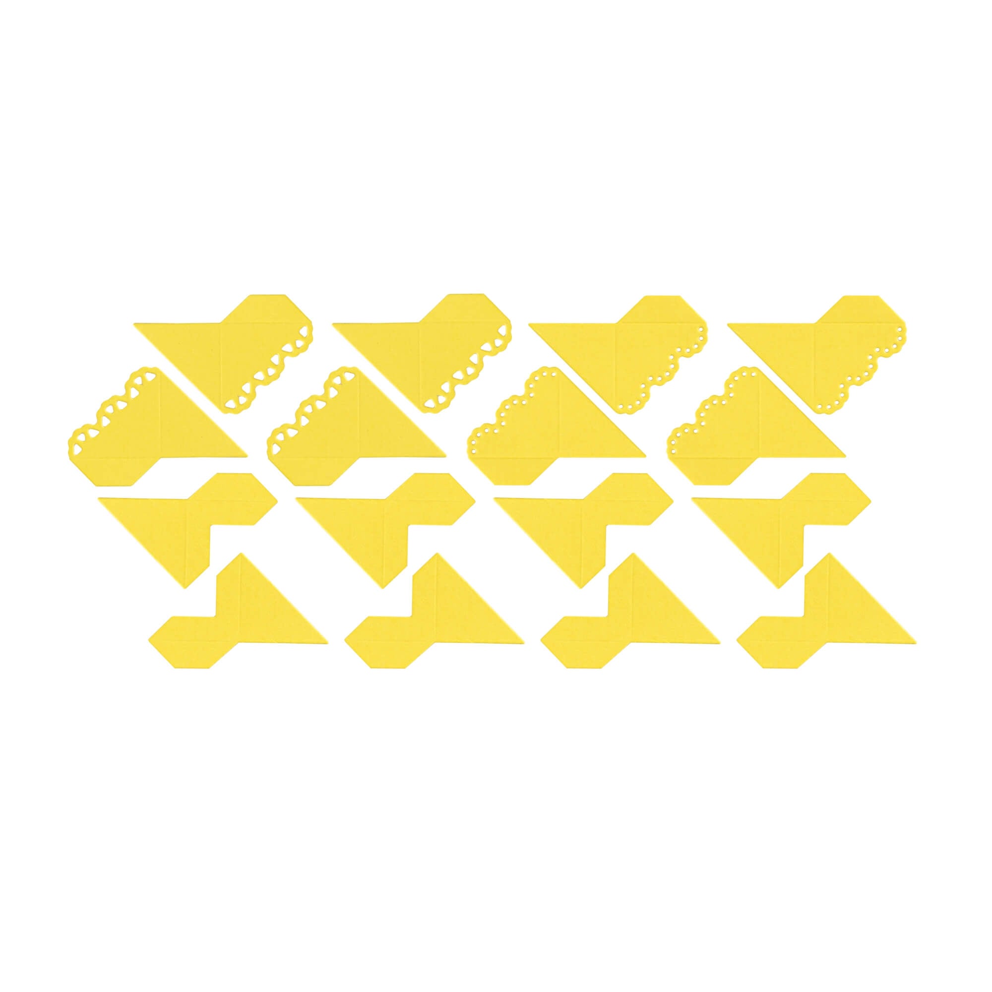 Die Stanzschablone Fotoecken von Stanzenshop.de bietet gelbe Papier-Ecklesezeichen mit dekorativen Randmotiven, ideal für Scrapbooking oder als Fotoecken, sauber aufgereiht auf weißem Hintergrund.