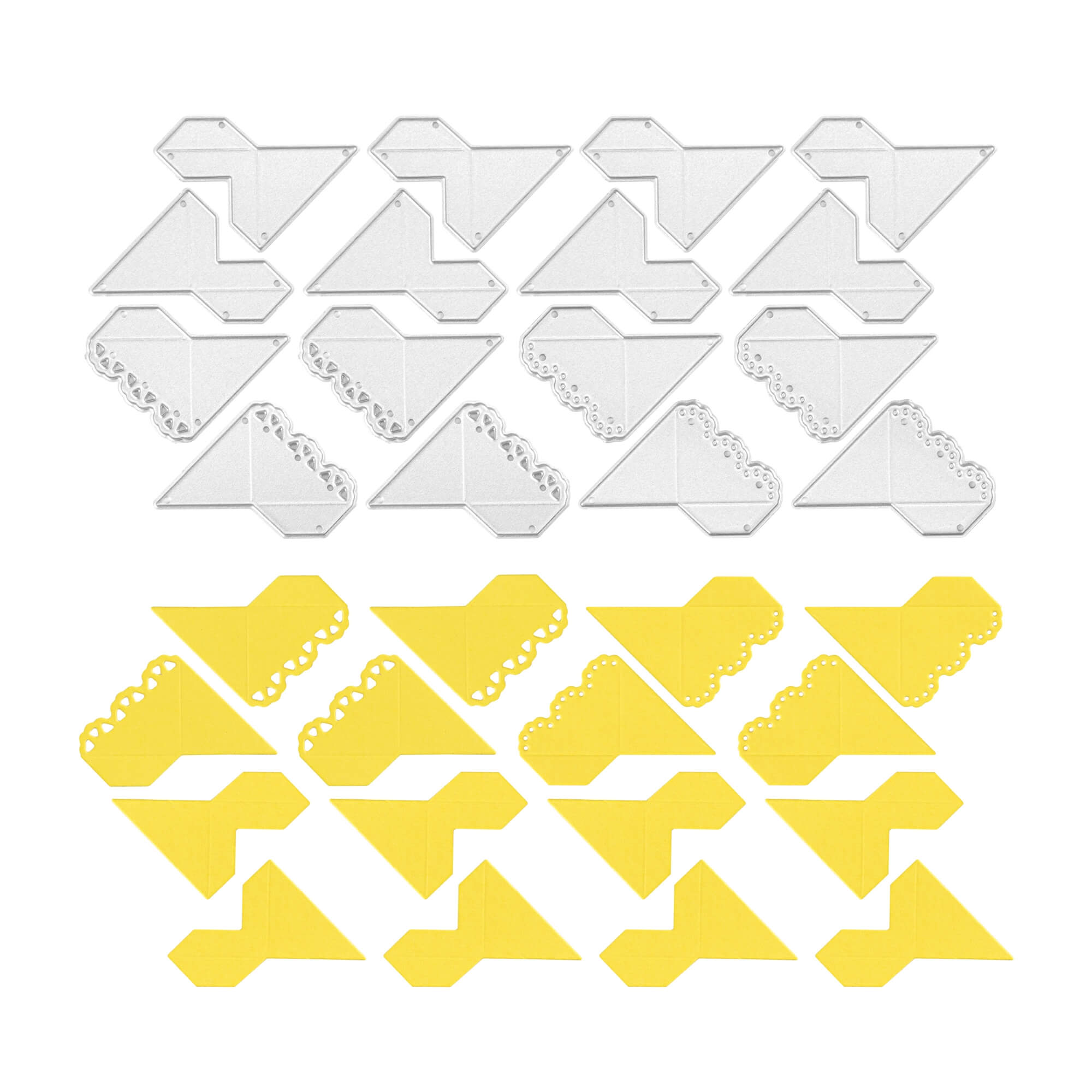 Stanzschablone Fotoecken von Stanzenshop.de: 24 dekorative Fotoecken in vier Reihen (oben zwei weiße, unten zwei gelbe), mit einem Mix aus schlichten und spitzenverzierten Motiven - perfekt für Scrapbooking.