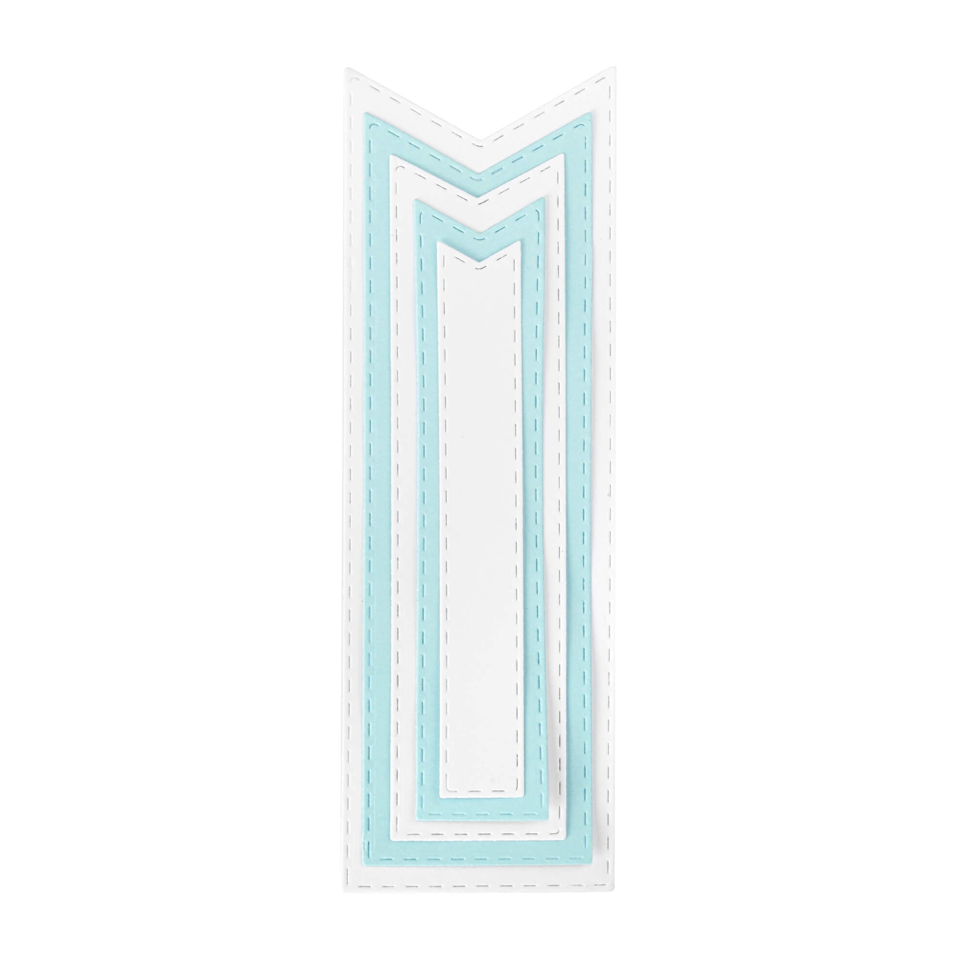 Ein weißes rechteckiges Lesezeichen mit spitzer Spitze und doppelter hellblauer Stickerei - ideal für Scrapbooking oder in Kombination mit der Stanzschablone Fünf lange Wimpel von Stanzenshop.de.