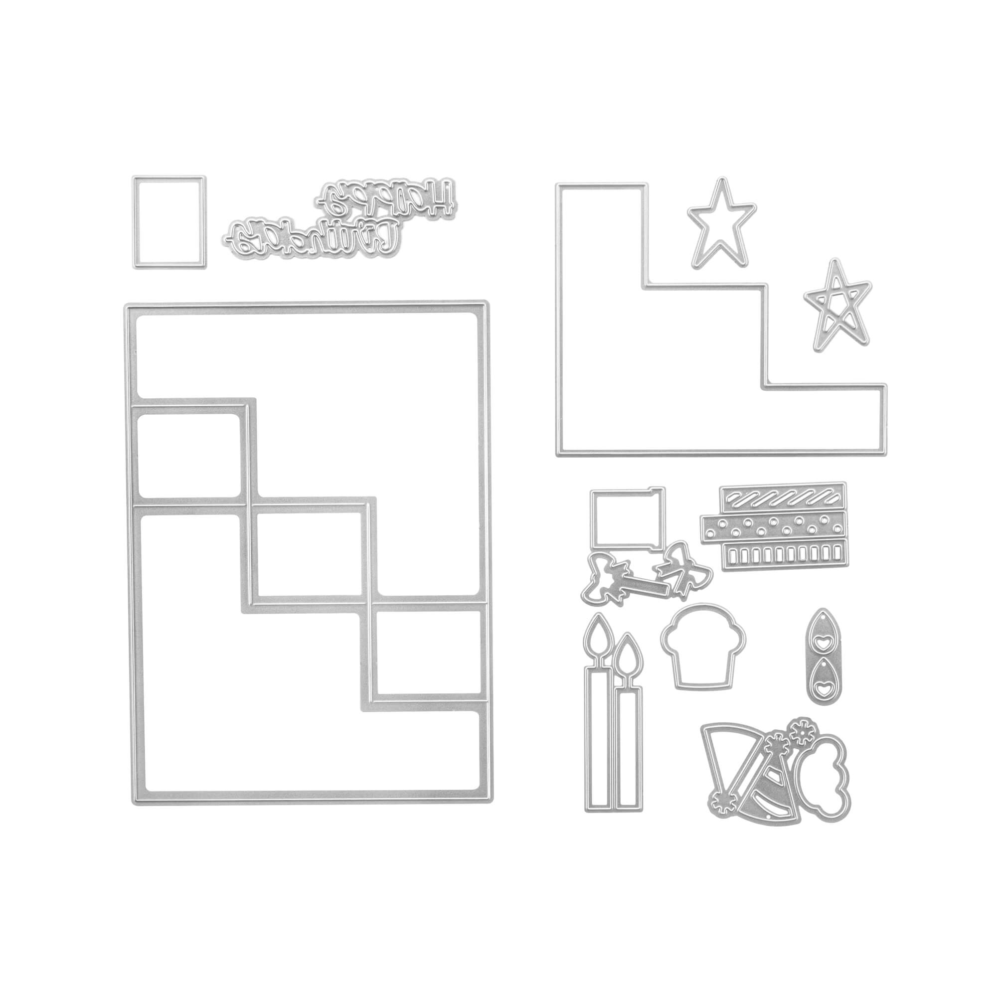 Das Stanzschablone Geburtstagsset mit Rahmen von Stanzenshop.de enthält Metallstempel in Formen wie Rechtecke, Sterne, Kerzen, Tortenstücke, Cupcakes, Partyhüte, Flugzeuge und Klappe - ideal für Scrapbooking oder Geburtstagsprojekte.