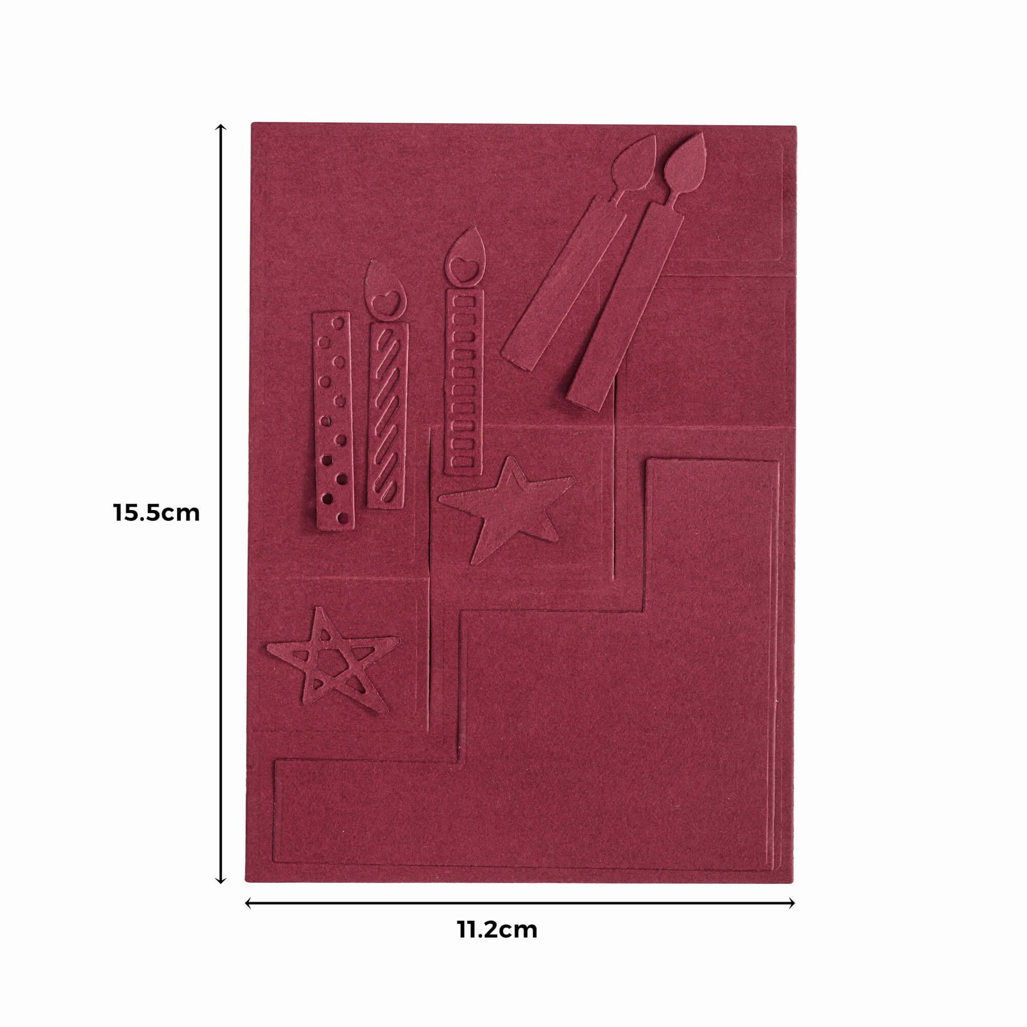 Eine kastanienbraune Karte mit geprägtem Kerzen- und Sternmotiv, ideal für Scrapbooking oder in Kombination mit Ihrem Stanzschablone Geburtstagsset mit Rahmen von Stanzenshop.de, misst 15,5 x 11,2 cm und ist mit beschrifteten Maßen abgebildet.