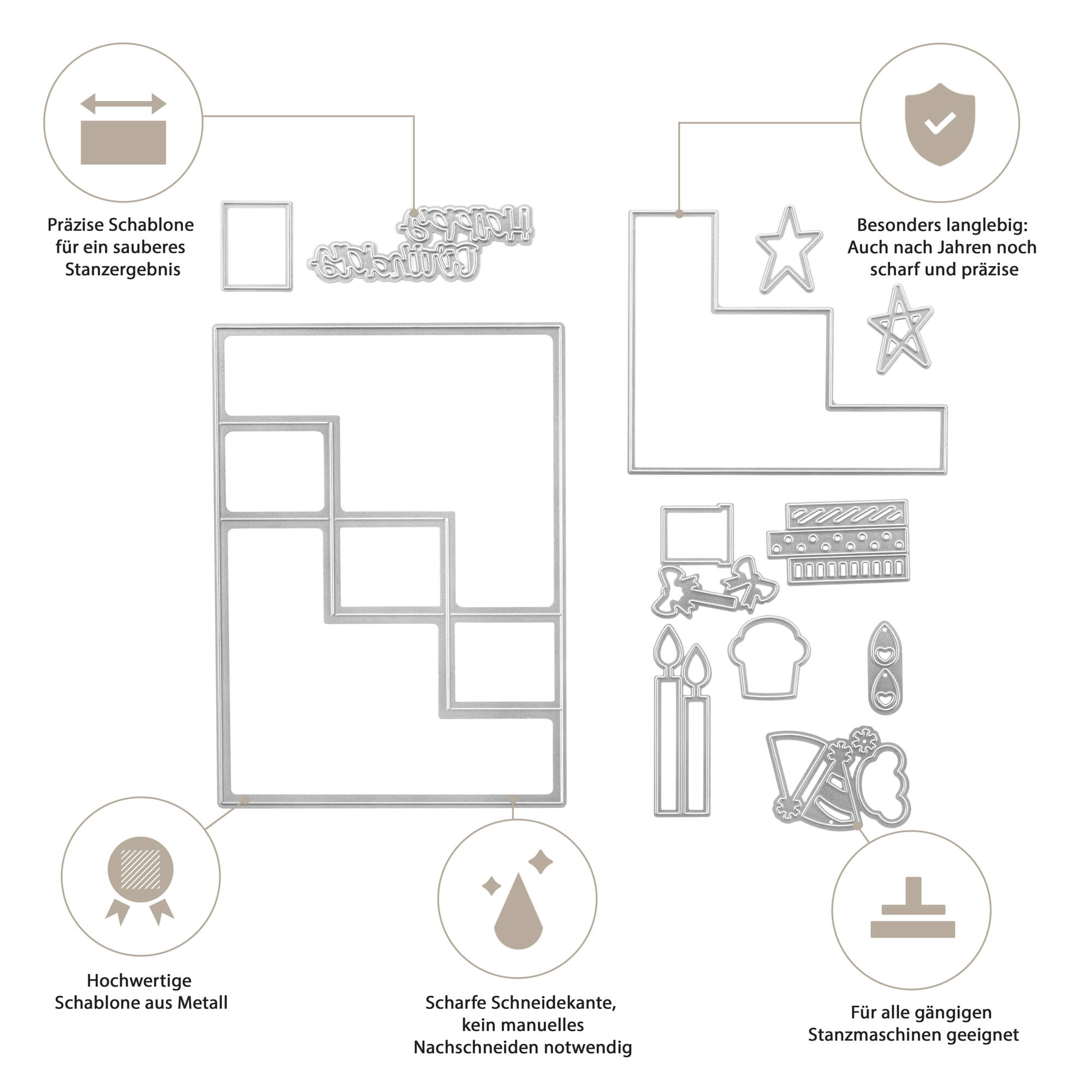 Das Stanzschablone Geburtstagsset mit Rahmen von Stanzenshop.de bietet präzise, scharfkantige Metallstempel in verschiedenen Formen - ideal für Scrapbooking und kompatibel mit Standard-Stanzmaschinen.