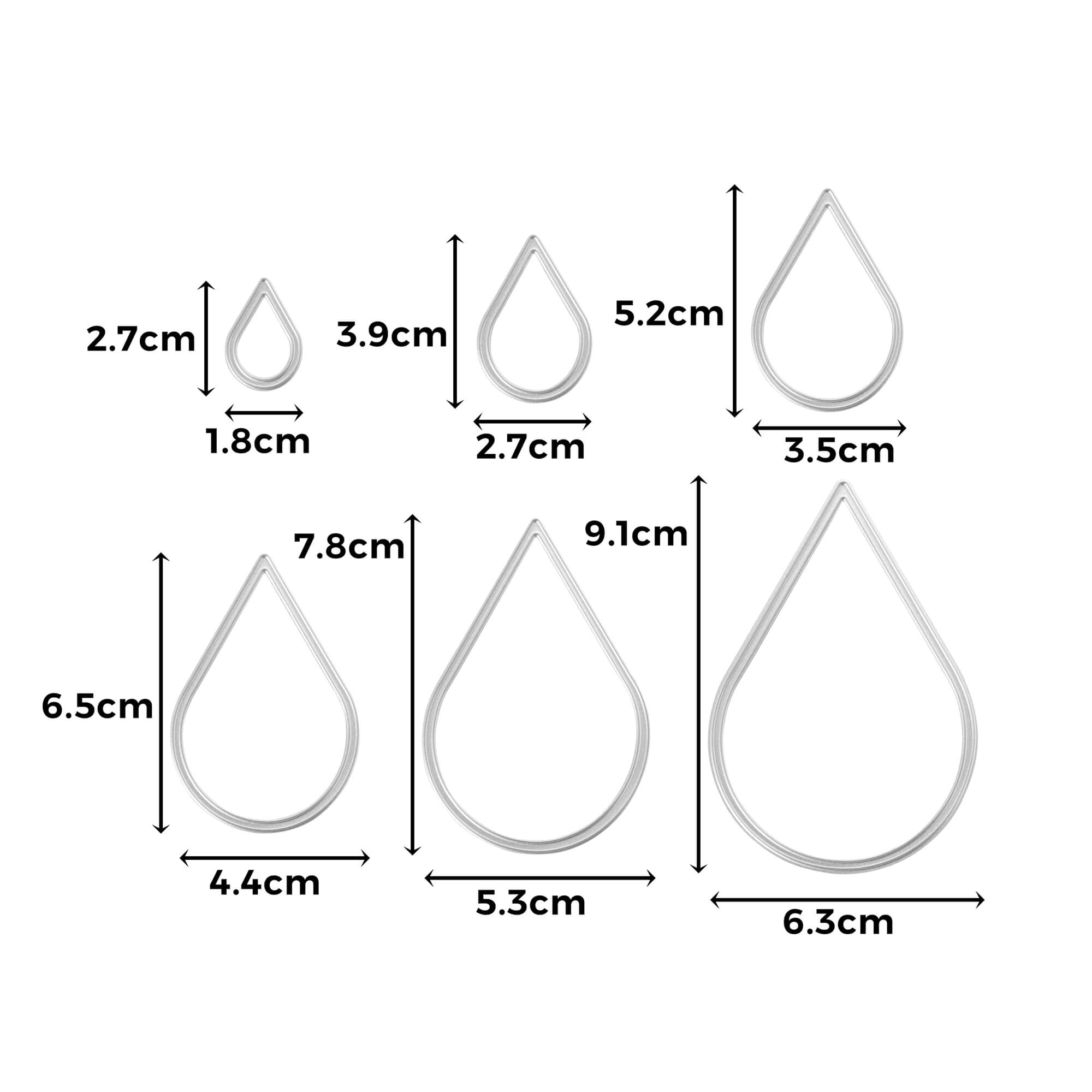Sechs tropfenförmige Stanzschablonen Sechs Tropfen von Stanzenshop.de, jeweils mit unterschiedlichen beschrifteten Größen, stehen in zwei Reihen auf weißem Hintergrund - ideal zum Basteln und für kreative Projekte.
