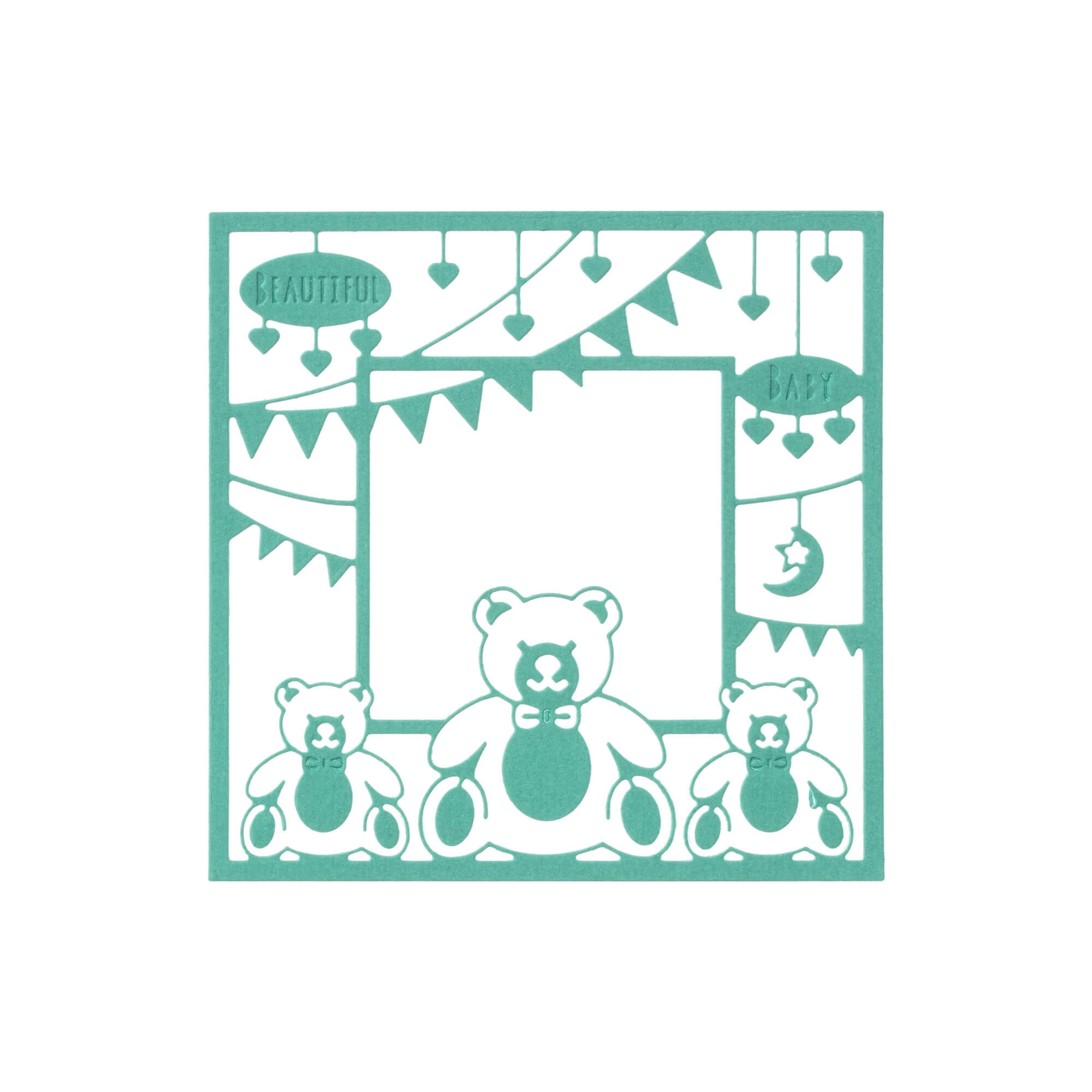 Die Stanzschablone Bären im Rahmen" von Stanzenshop.de zeigt einen quadratischen Ausschnitt mit drei Teddybären, Herzen, Spruchbändern und "Beautiful Baby" - ideal zum Scrapbooking oder Basteln mit Ihren Lieblingsstanzprojekten.