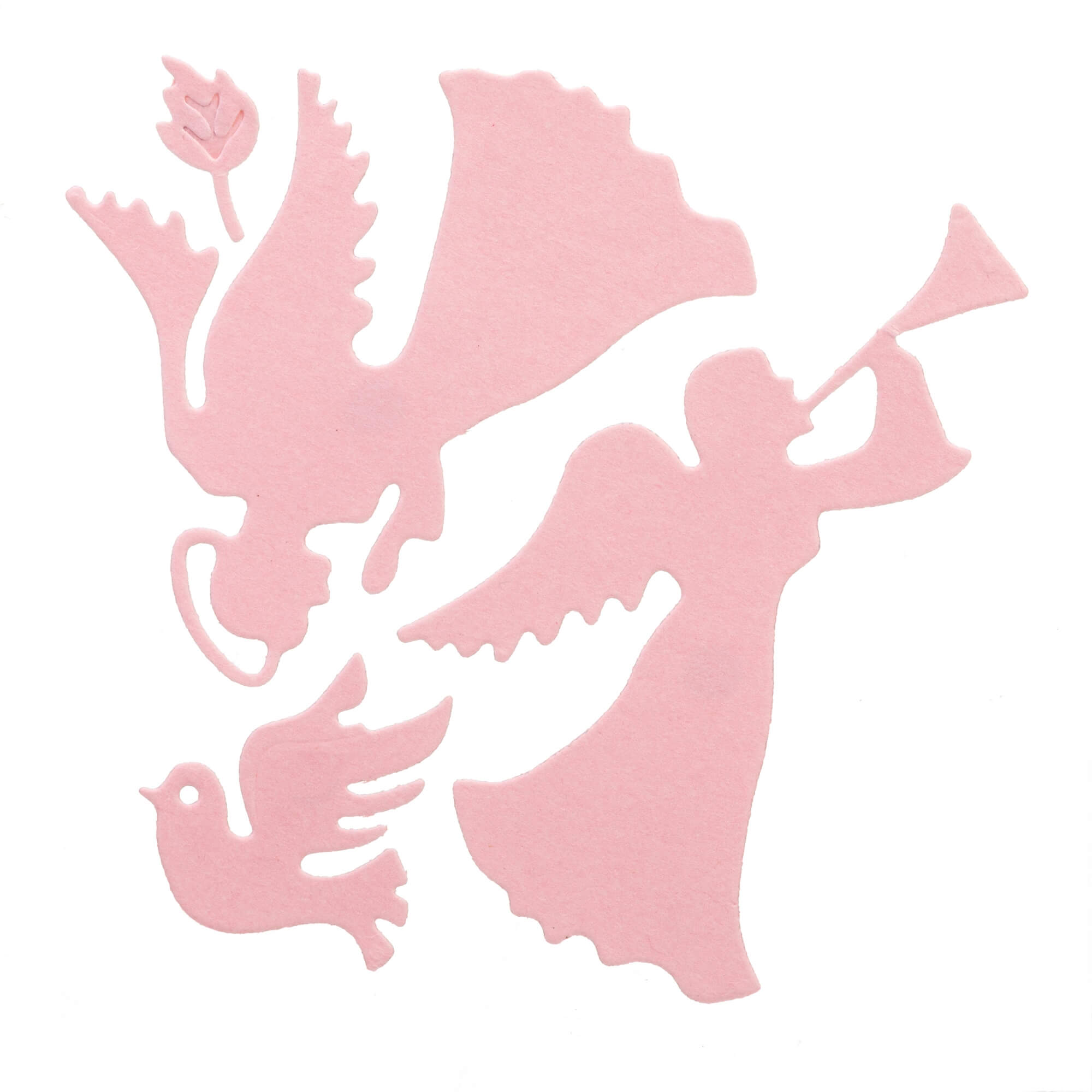 Zwei rosa Scherenschnitt-Engel aus Stanzschablone: Zwei Engel von Stanzenshop.de - einer bläst eine Trompete, der andere ein Herz - und ein kleiner Vogel, perfekt für Basteln im Winter auf weißem Hintergrund.