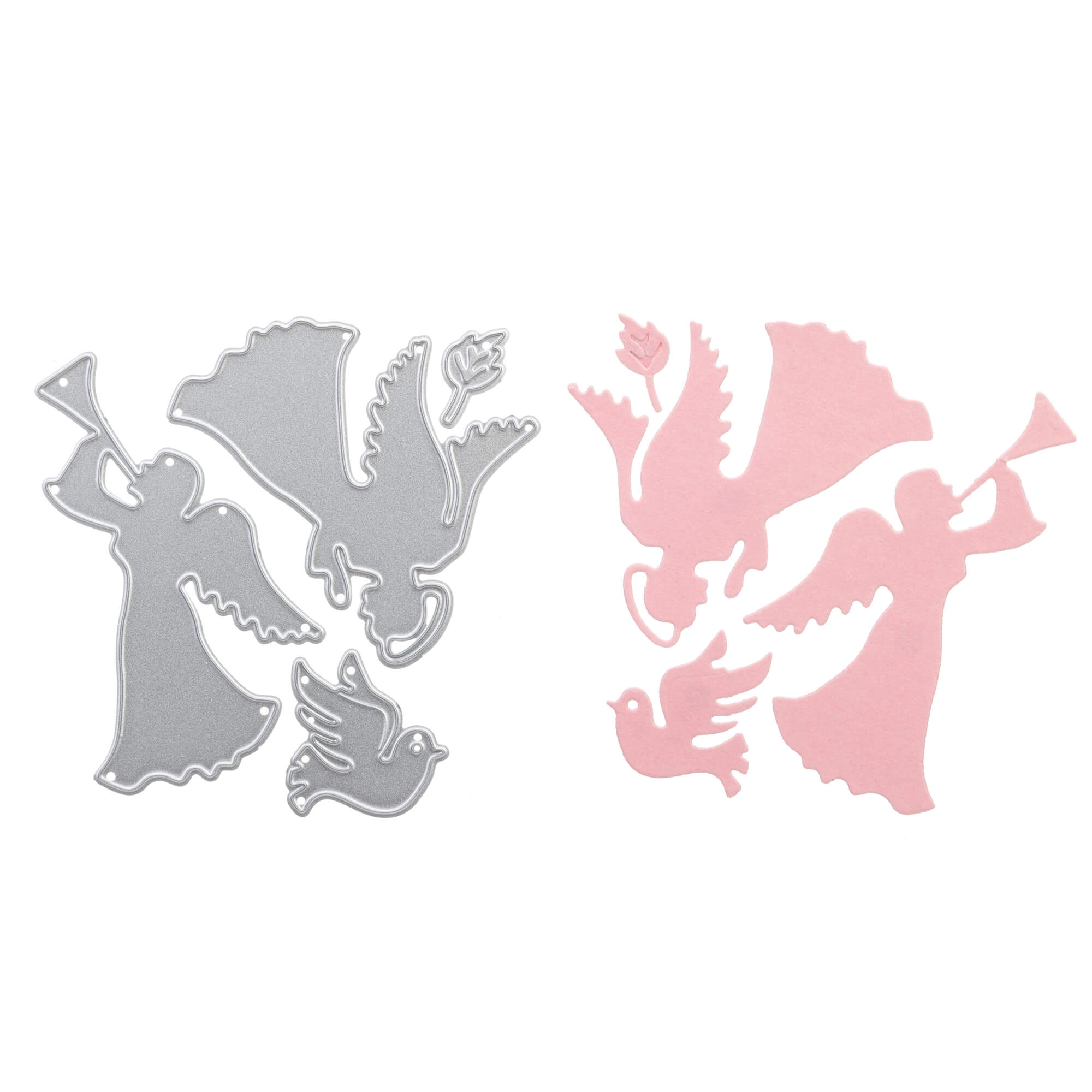 Stanzschablone: Zwei Engel von Stanzenshop.de-Metallstanzen von zwei Engeln links, passende rosa Papierausschnitte rechts. Ideal zum Basteln im Winter oder um festliches Flair in Ihre Stanzen Weihnachtsprojekte zu bringen.