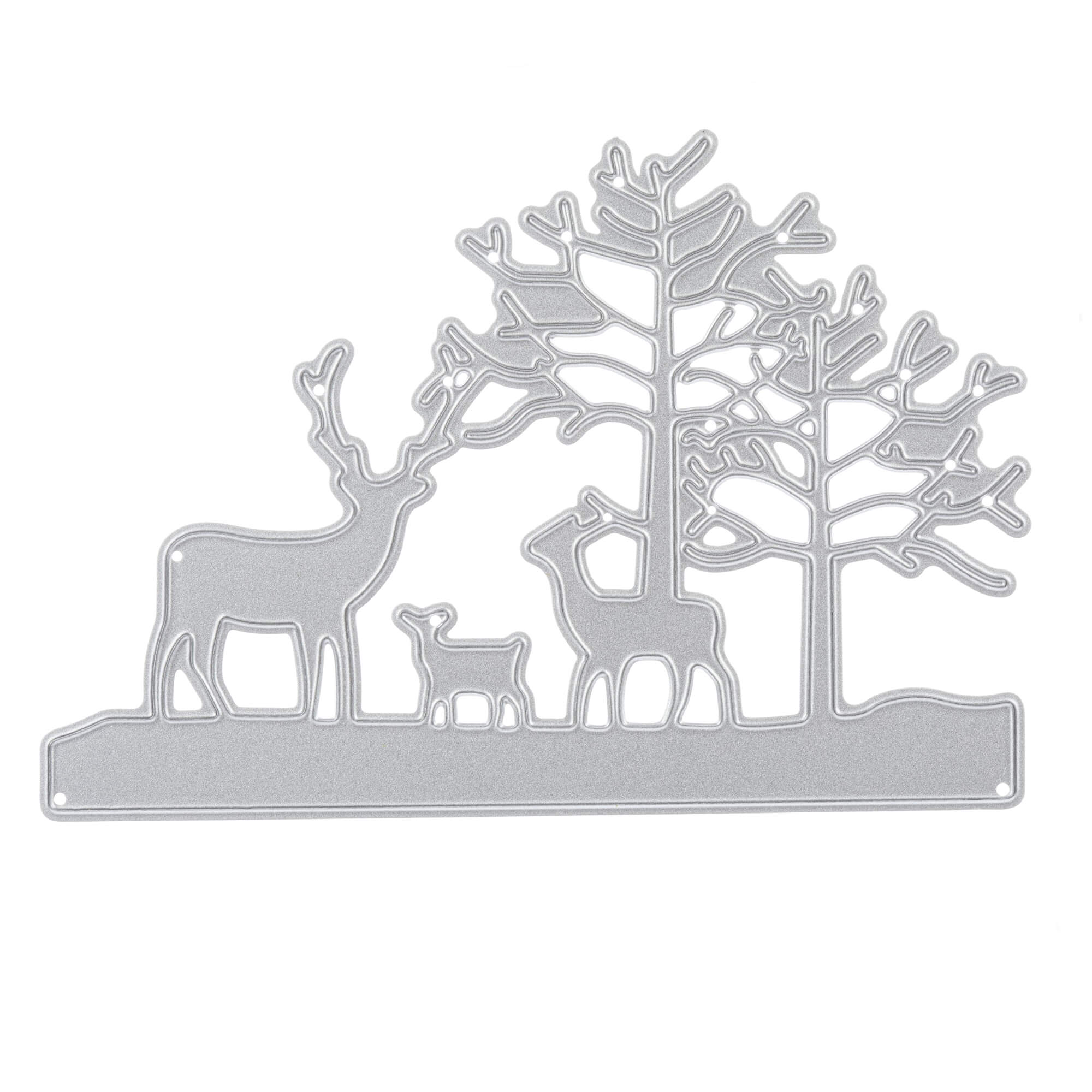 Die Stanzschablone: Winterlandschaft mit drei Rehen von Stanzenshop.de zeigt drei Rehe neben zwei Bäumen - ideal für Basteln Deko, festliches Stanzen Weihnachten, oder Scrapbooking Projekte.